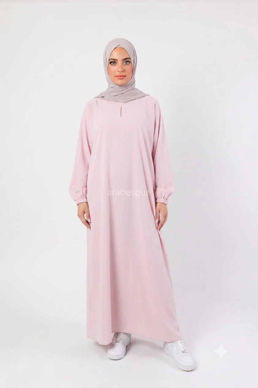 Baby Pink Closed Abaya - Premium Plain Nidha With Pocket and Elastic Sleeves