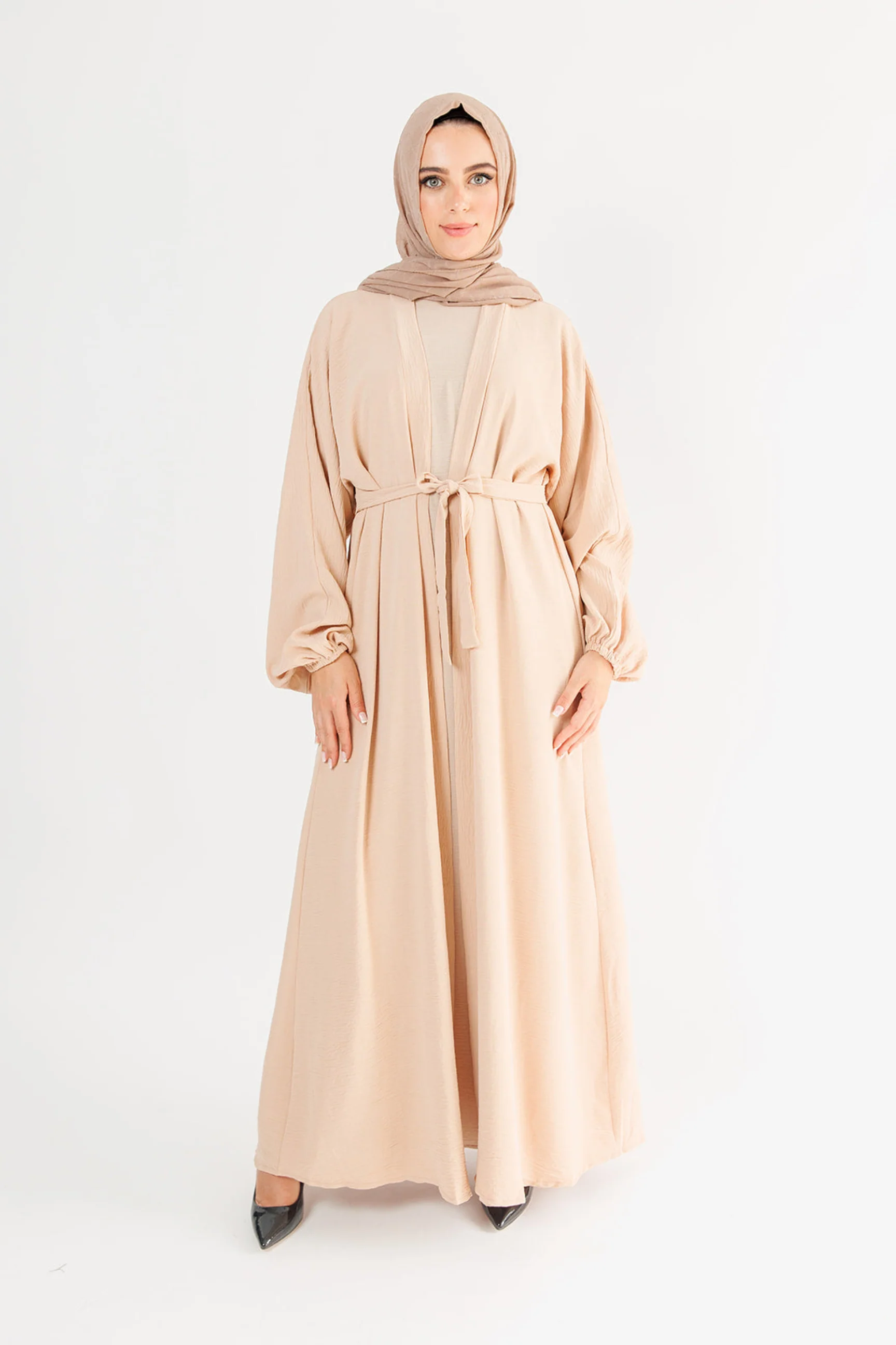 Beige Two-Piece Abaya Set – Elegant Crushed Polyester Design