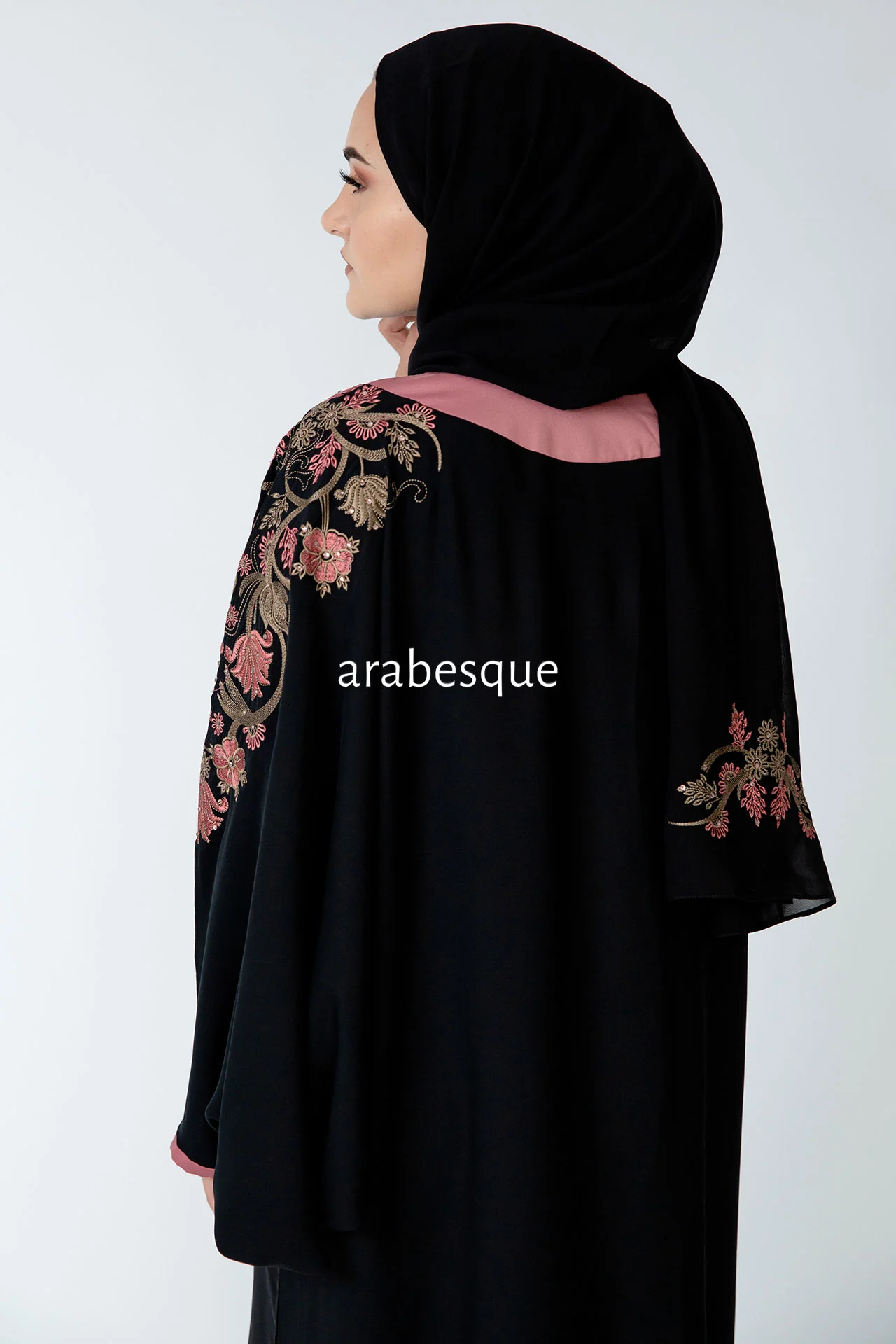 Black Batwing Abaya – Dusty Pink and Gold Garden Embroidered Design - Image 5