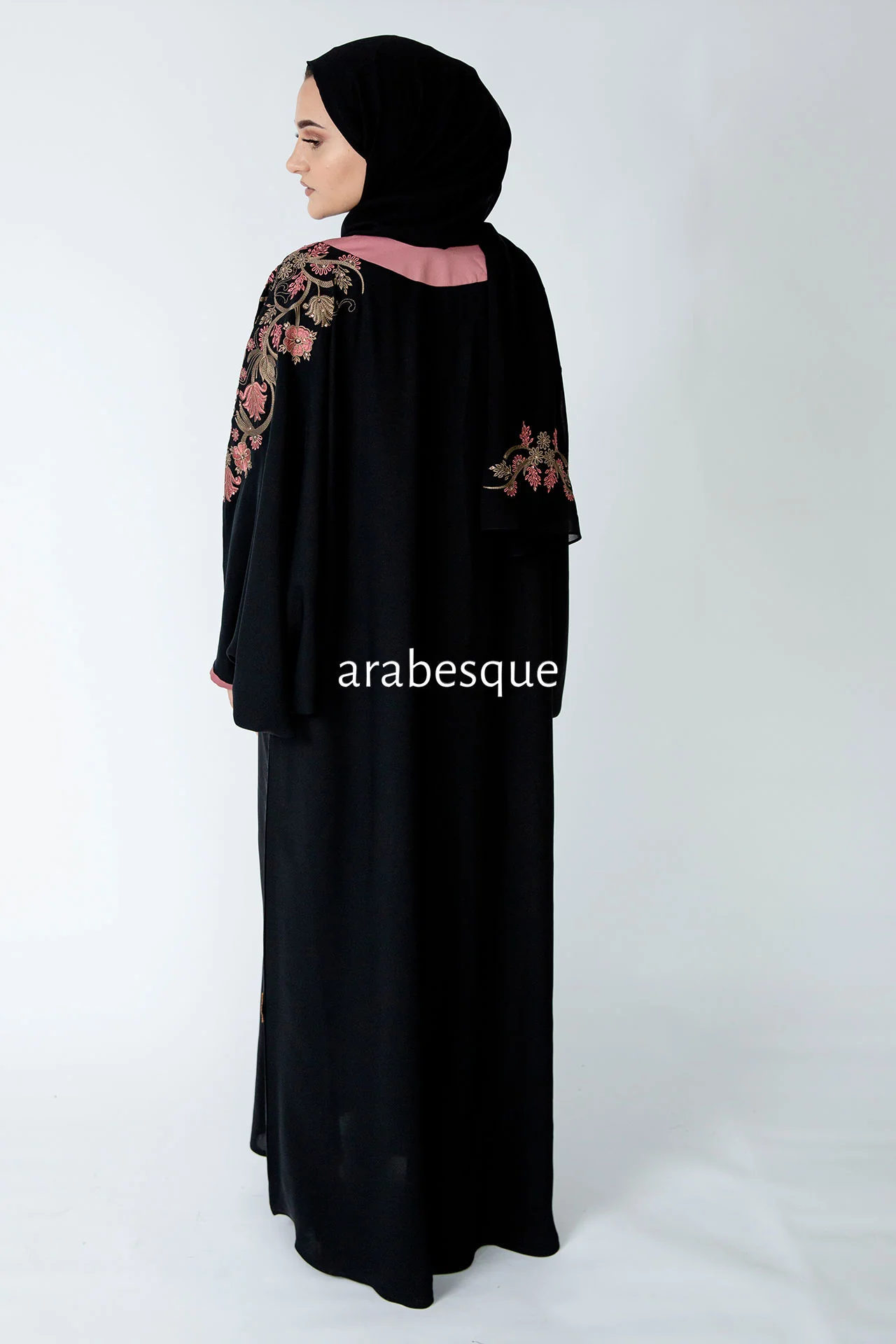 Black Batwing Abaya – Dusty Pink and Gold Garden Embroidered Design - Image 6