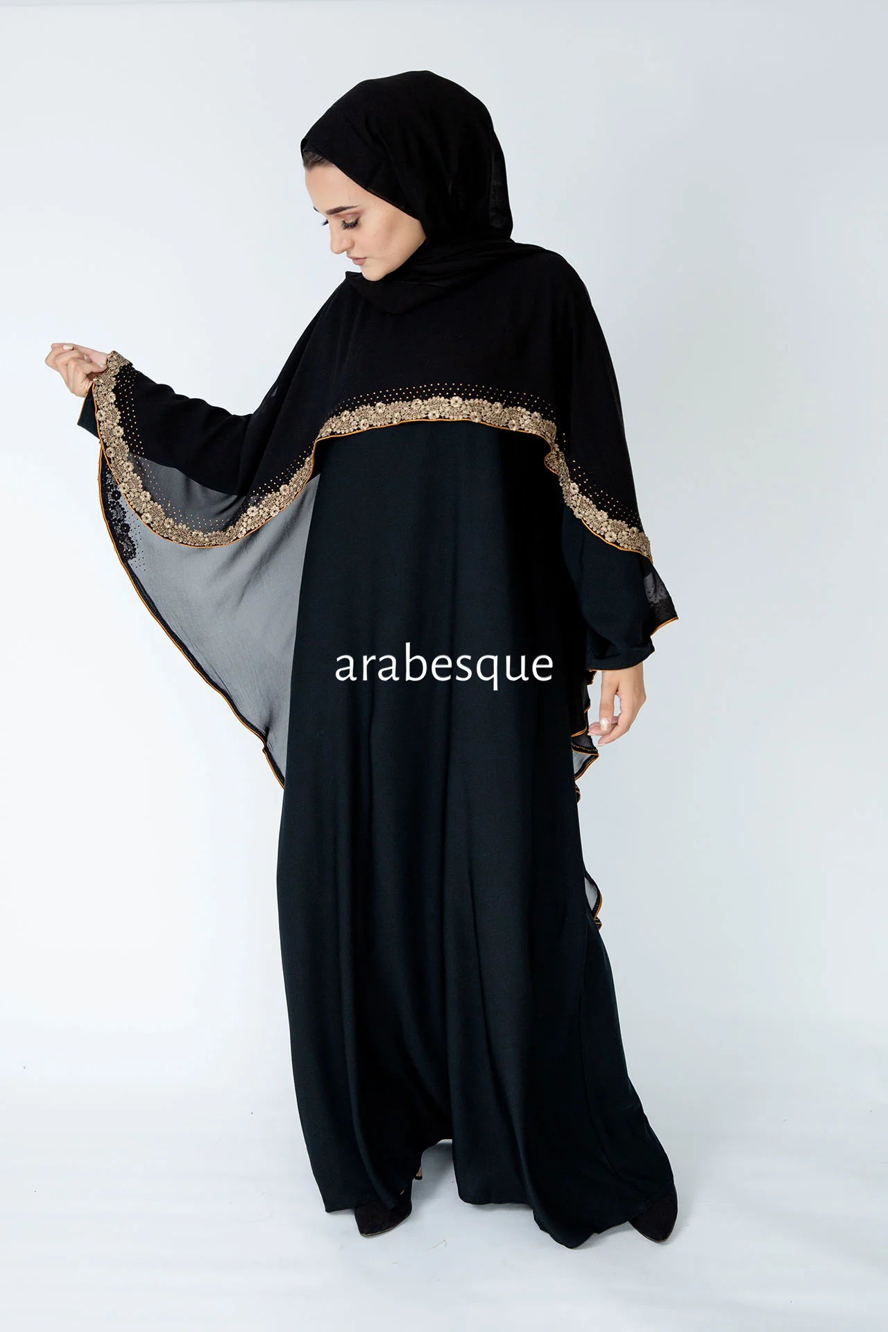 Black Closed Abaya – Chiffon Cape Design with Lace Embellished Detailing - Image 7