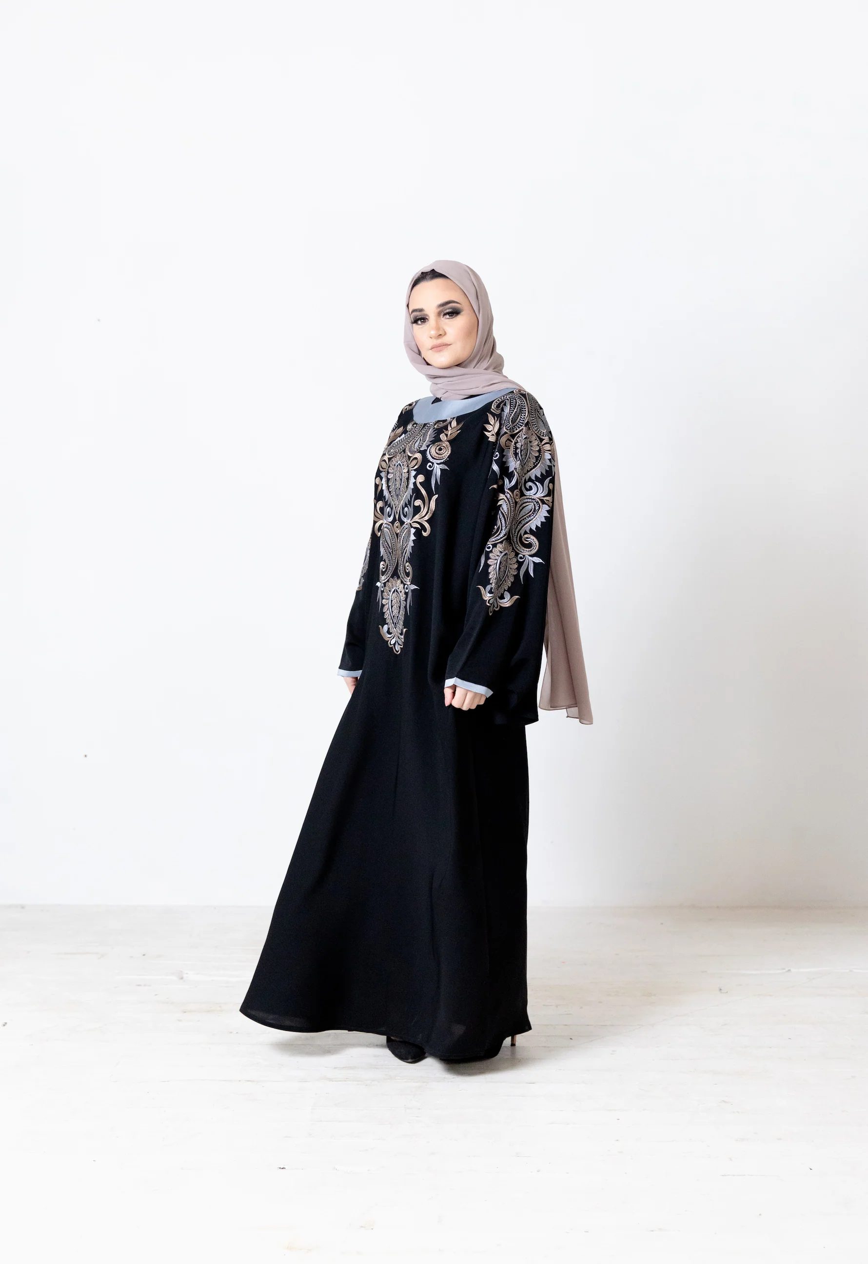 Black Closed Abaya – Luxurious Batwing Design with Blue Leaf Embroidery and Diamanté Detailing - Image 3
