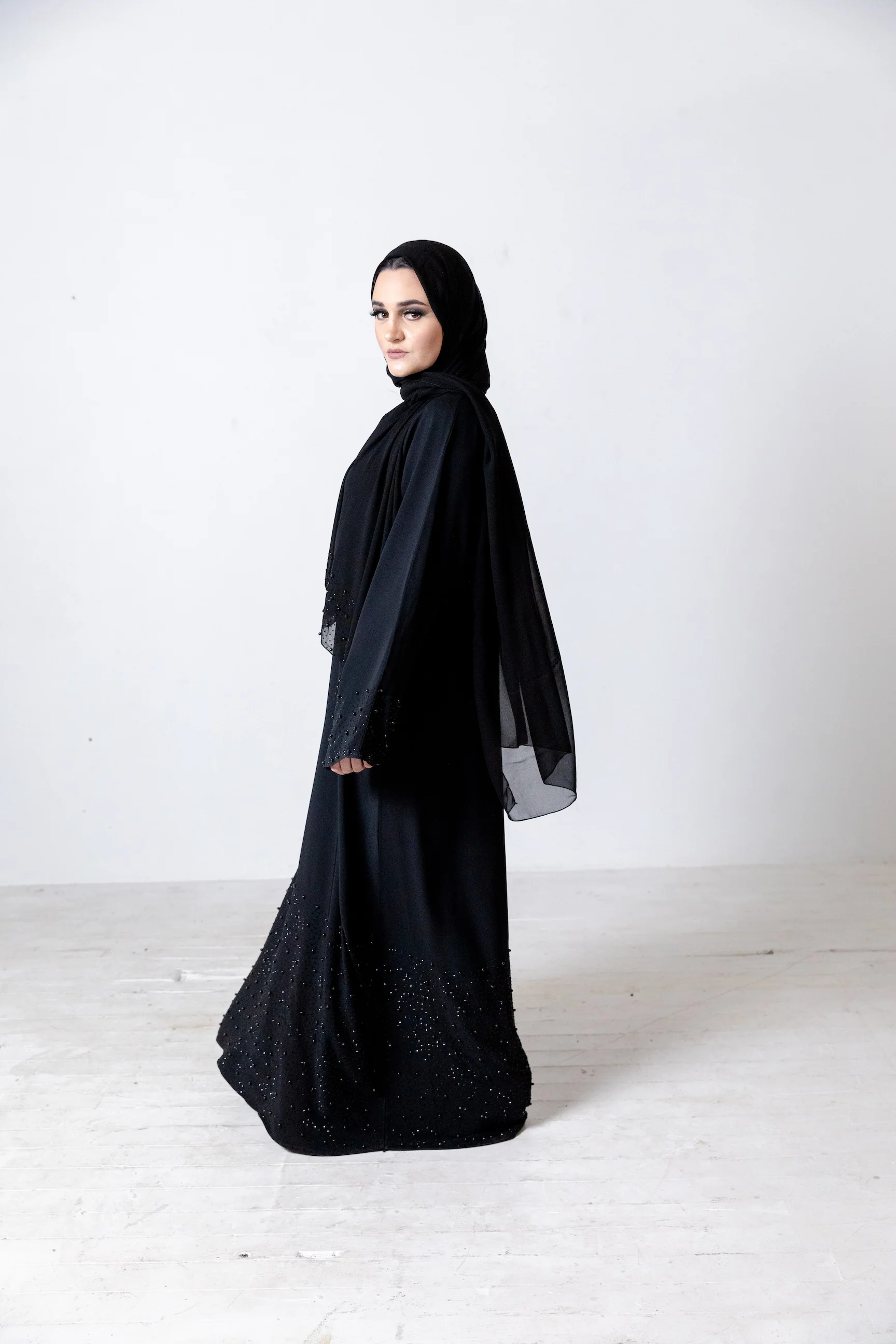 Black Closed Abaya – Plain Design with Black Pearls & Diamante Detailing - Image 4