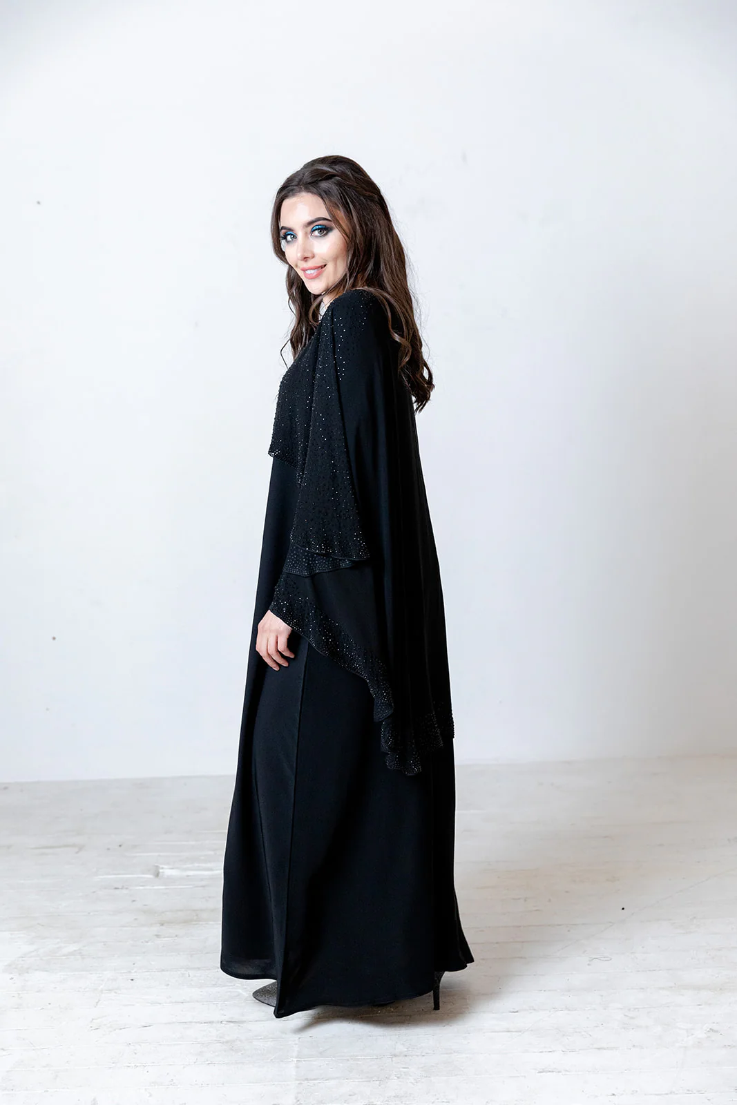Black Closed Cape Abaya – Luxury Chiffon Design with Black Stonework - Image 5