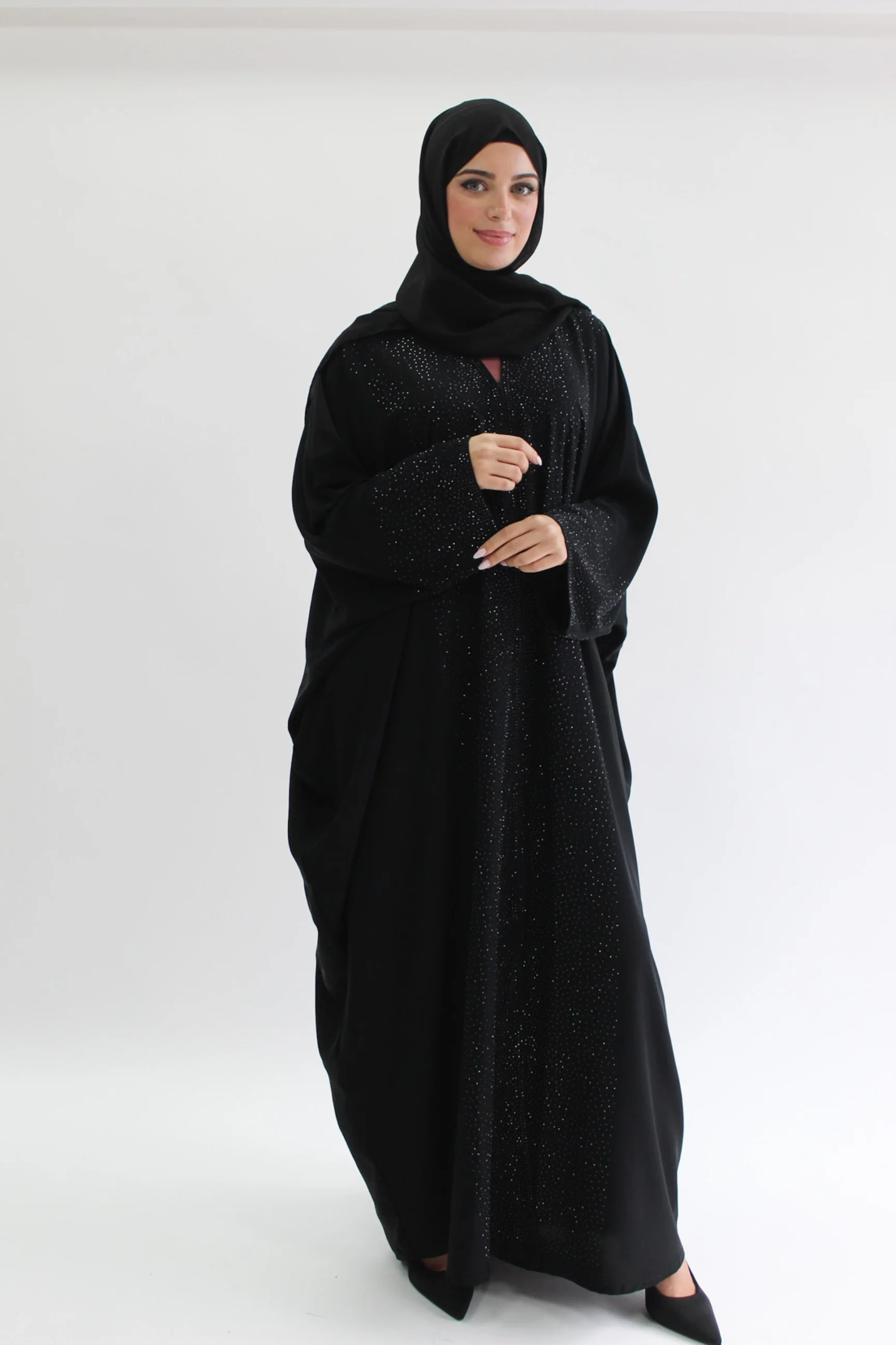 Black Open Abaya – Luxury Crystal Embellished Batwing Design