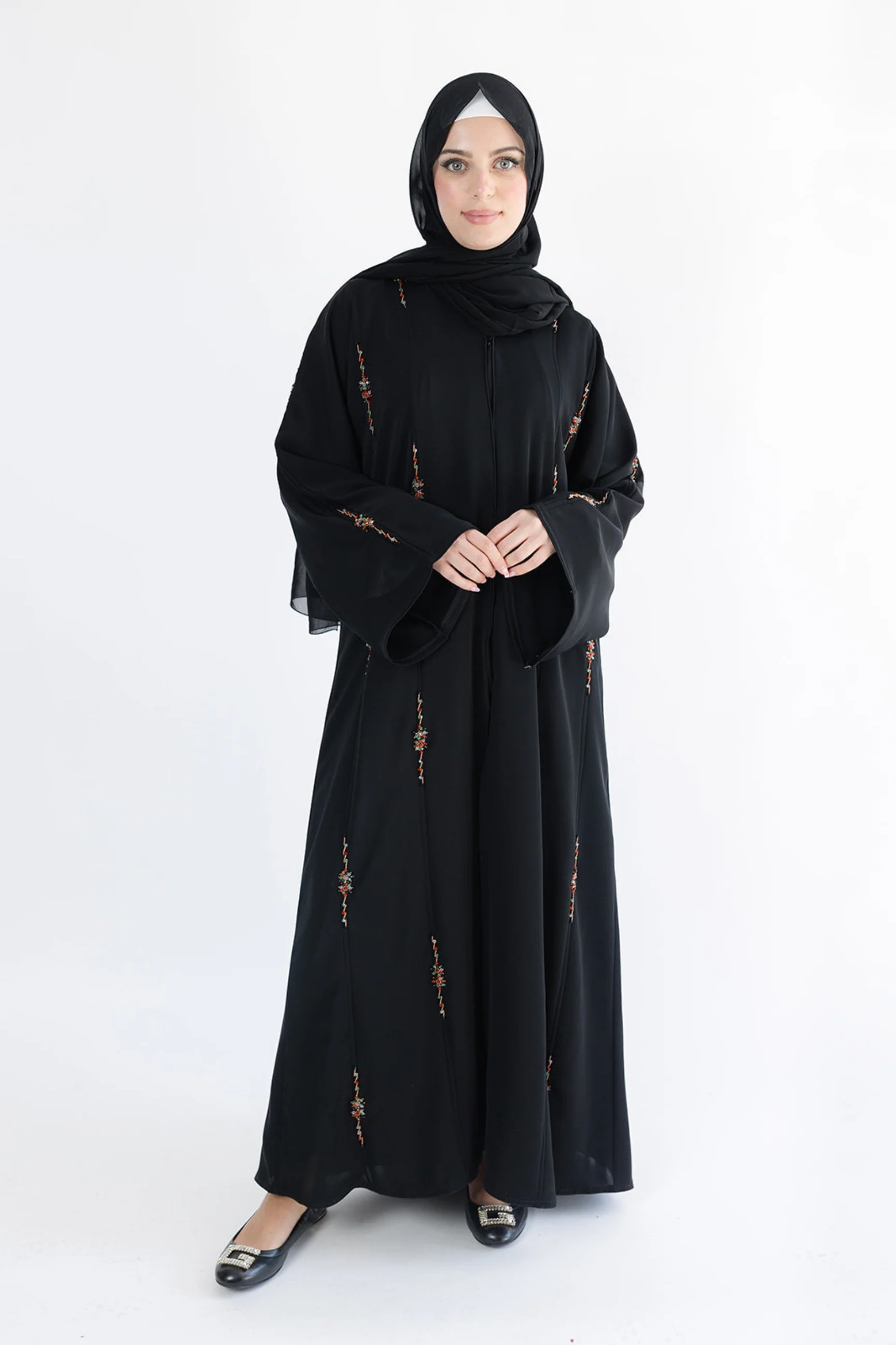 Black Open Abaya – Luxurious Multicolour Beaded Detailing