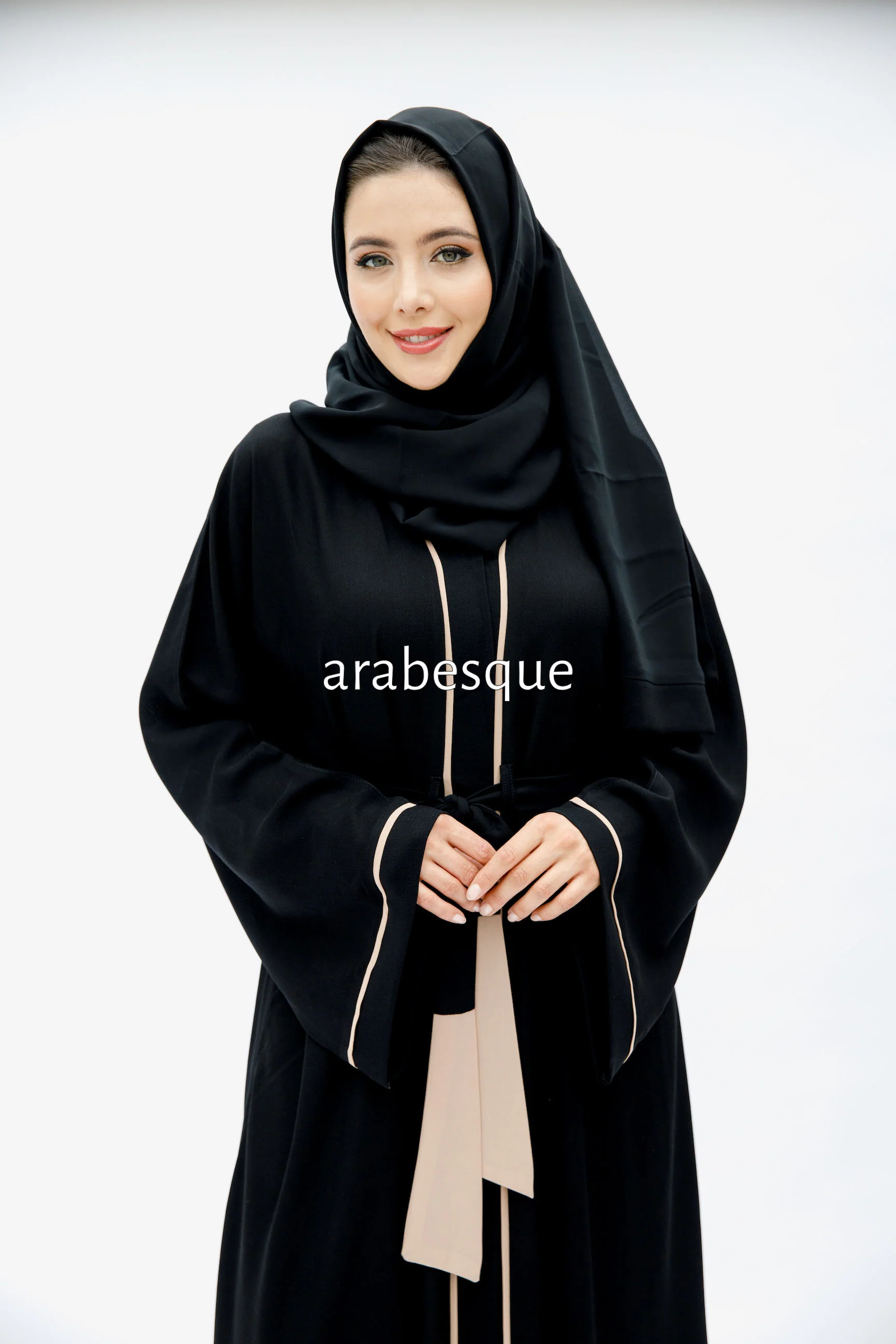 Black Open Abaya – Luxe Piping Umbrella Cut Design with Belt - Image 7