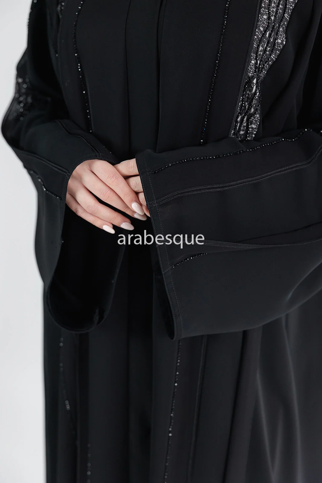 Black Open Abaya – Luxury Diamante and Lace Detailing - Image 3