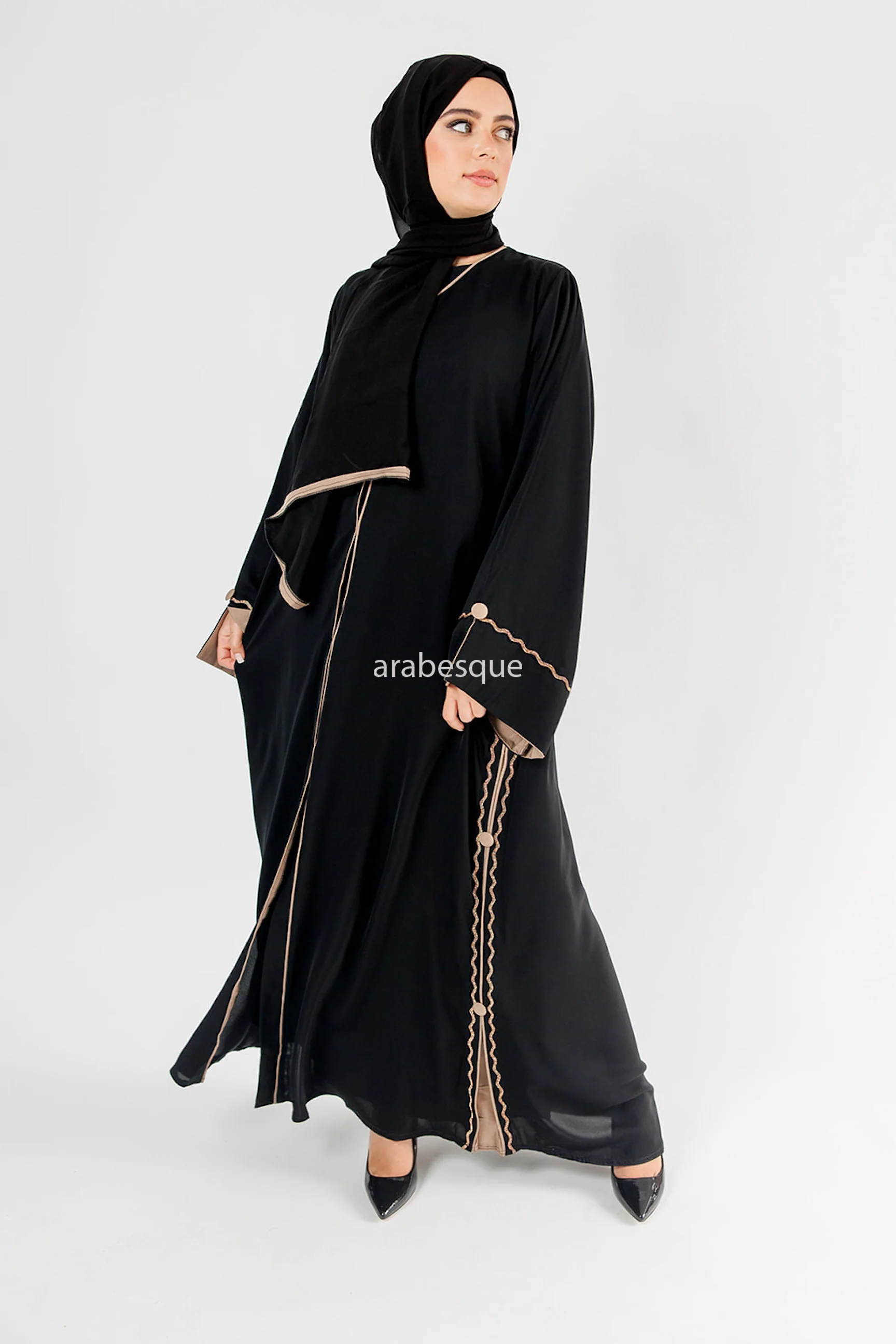 Black Open Abaya – Luxury Diamante Design with Taupe Contrast Detailing