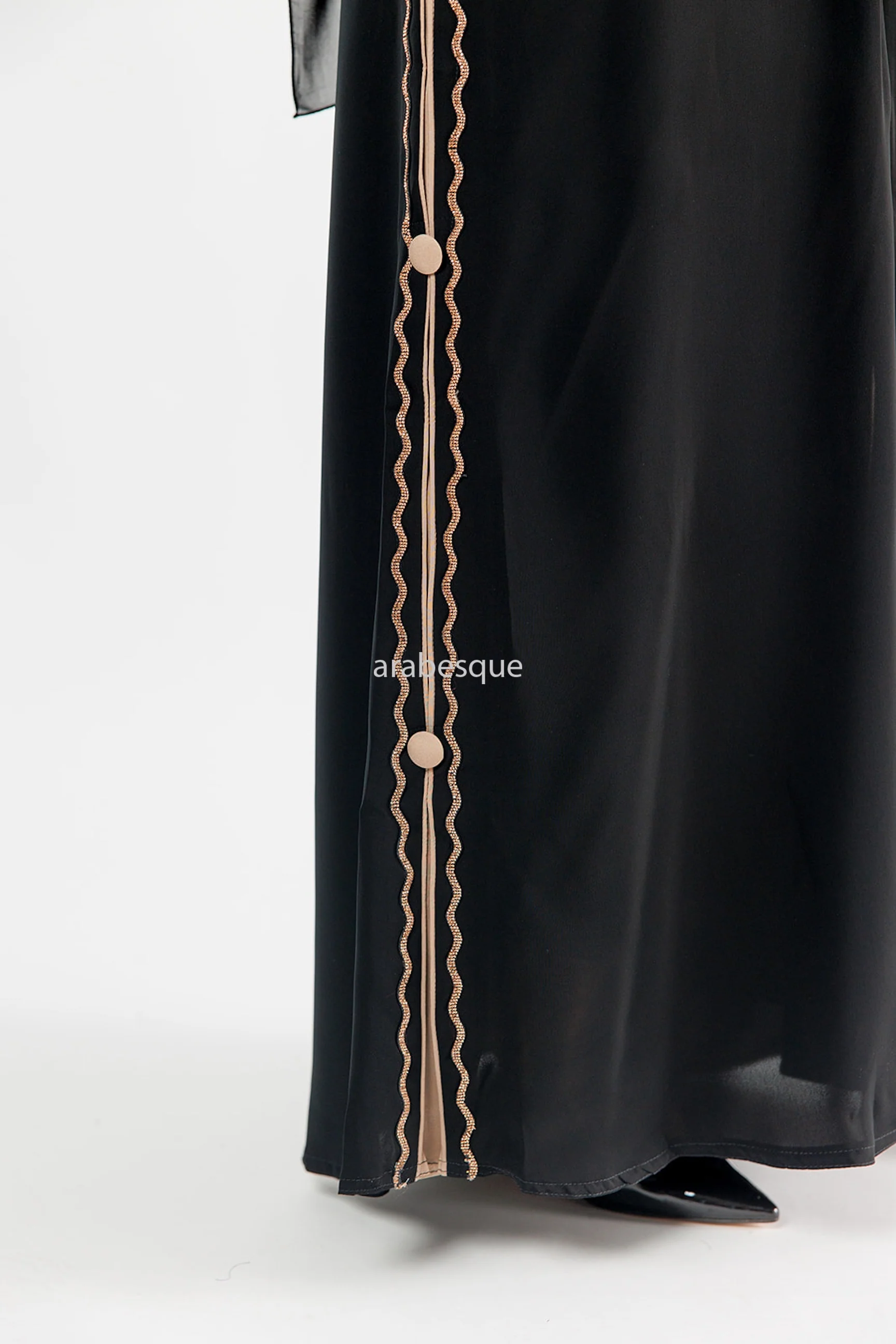 Black Open Abaya – Luxury Diamante Design with Taupe Contrast Detailing - Image 2