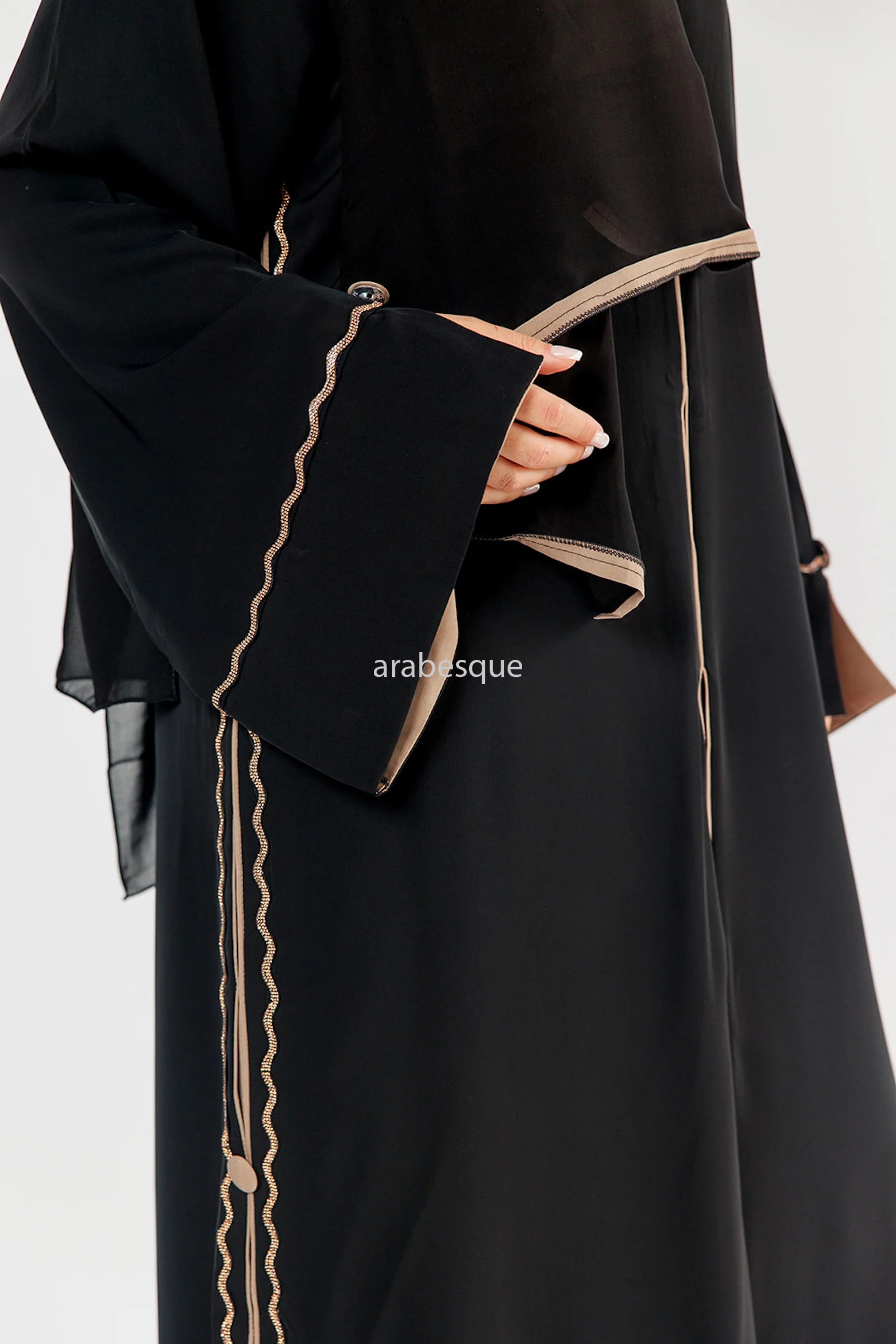 Black Open Abaya – Luxury Diamante Design with Taupe Contrast Detailing - Image 3