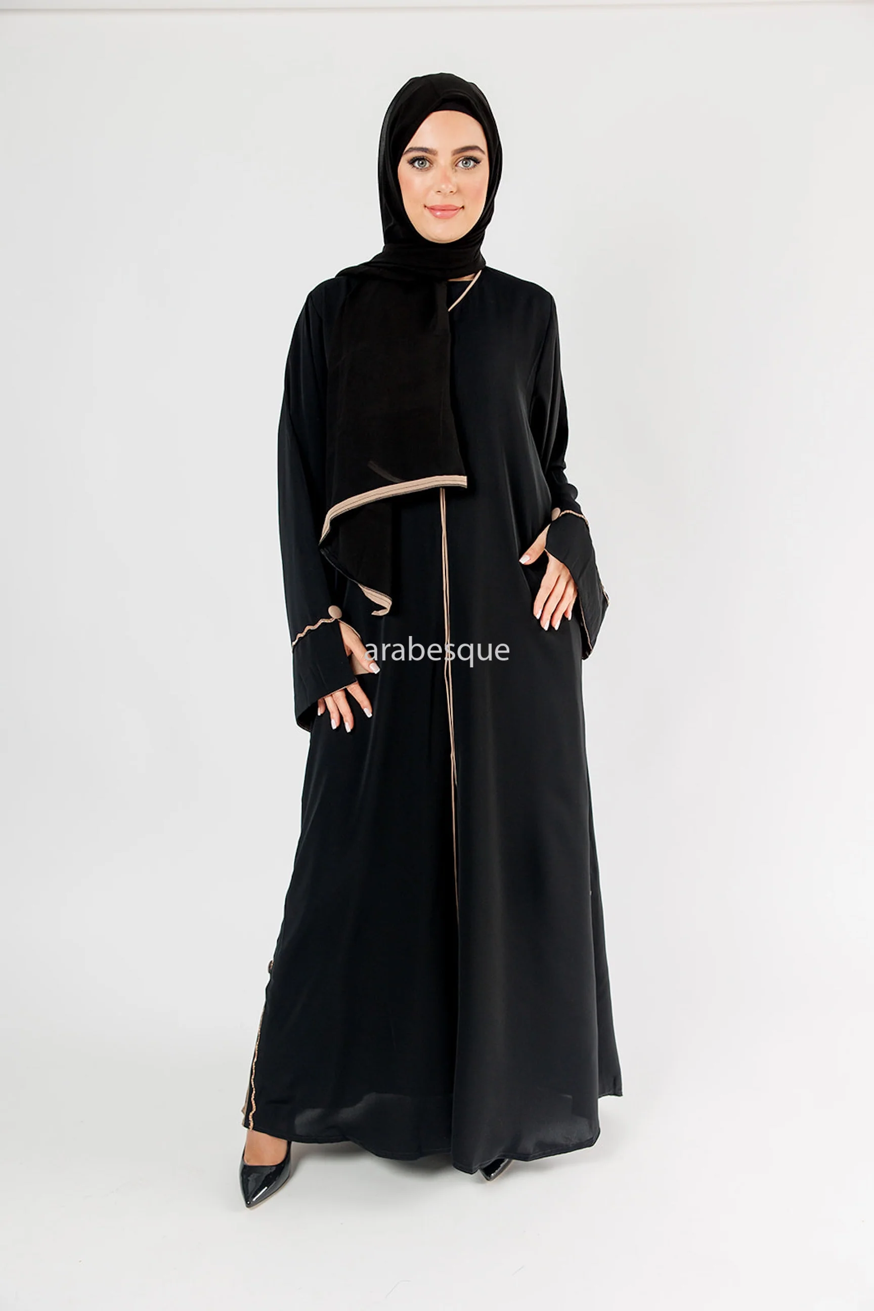 Black Open Abaya – Luxury Diamante Design with Taupe Contrast Detailing - Image 4
