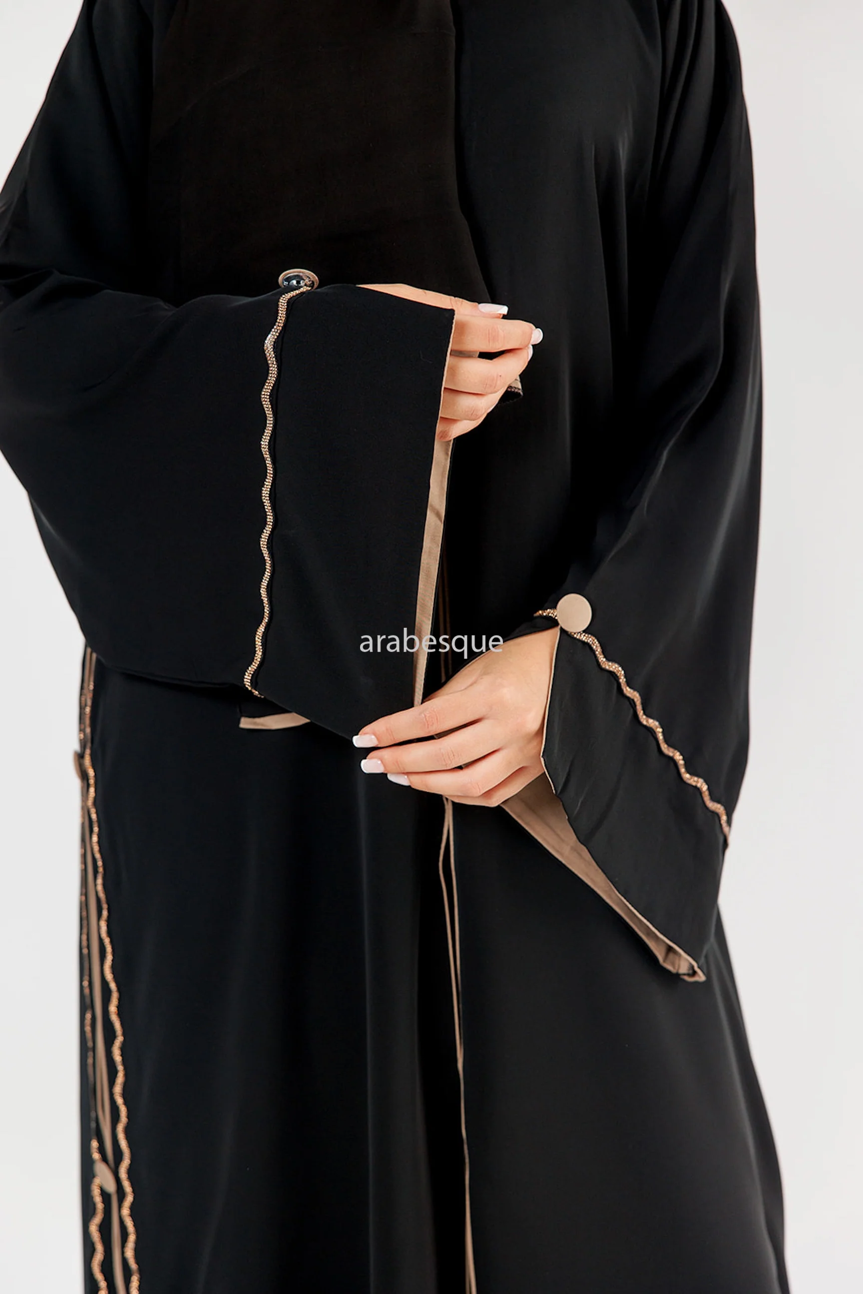 Black Open Abaya – Luxury Diamante Design with Taupe Contrast Detailing - Image 5