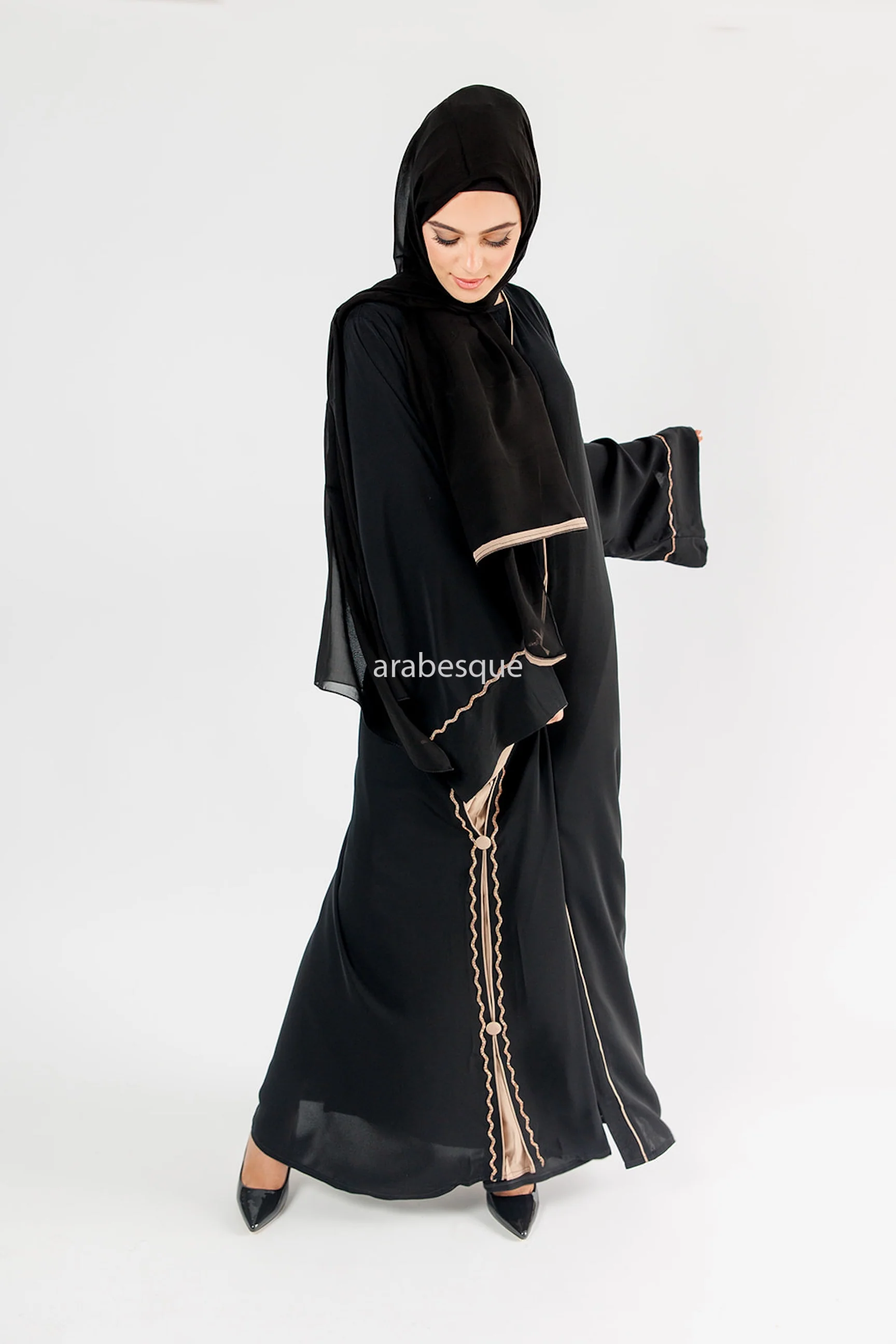 Black Open Abaya – Luxury Diamante Design with Taupe Contrast Detailing - Image 6