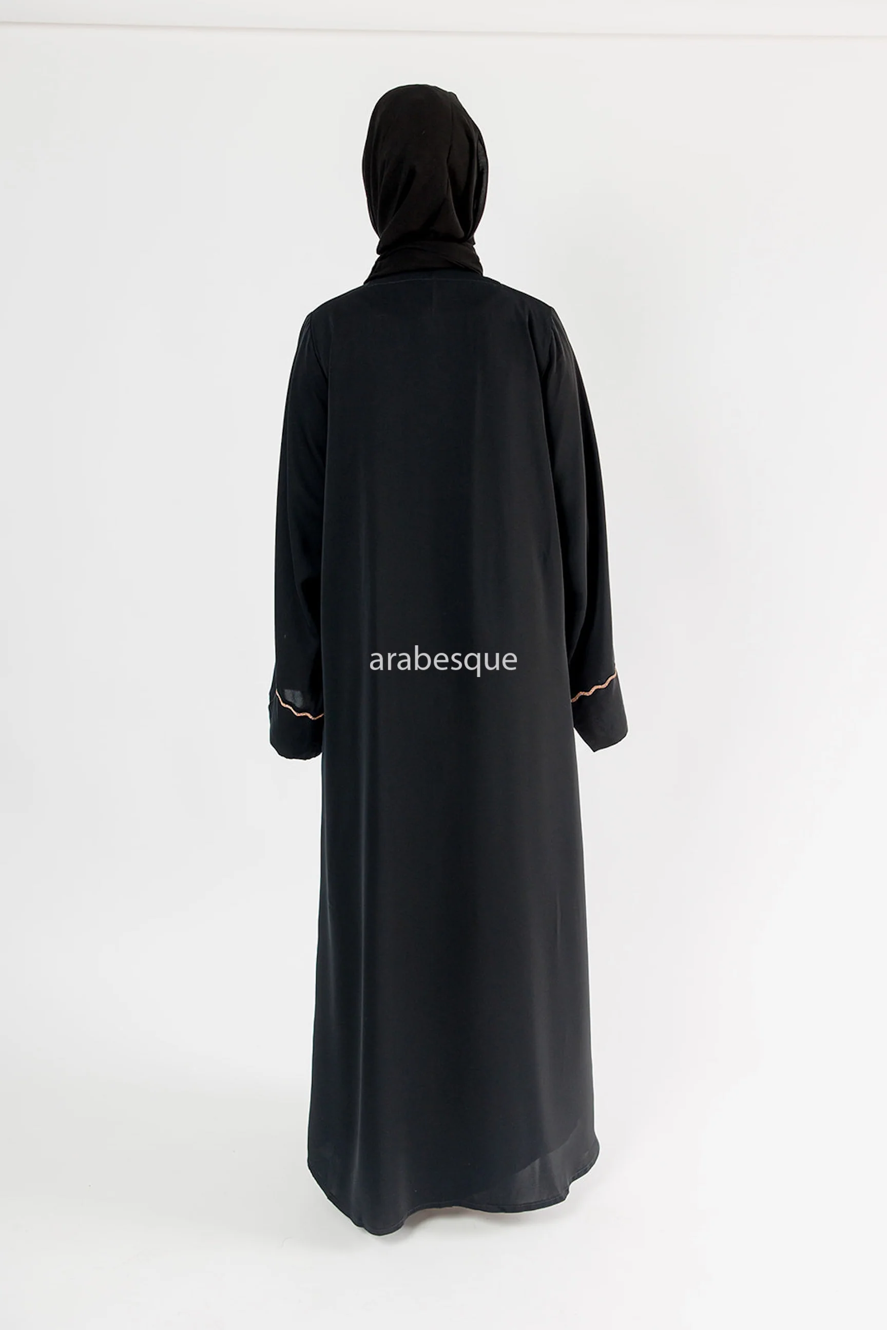 Black Open Abaya – Luxury Diamante Design with Taupe Contrast Detailing - Image 7