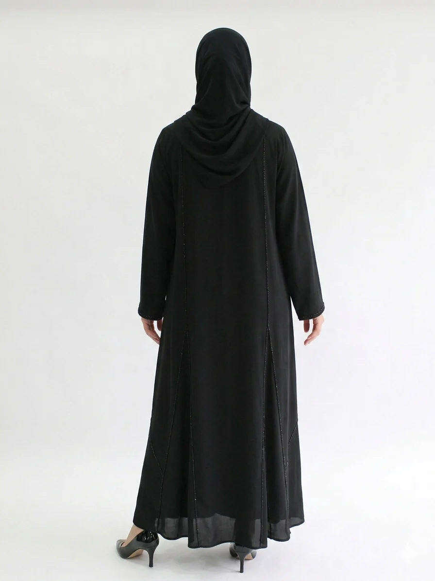 Black Open Abaya - Luxury Draped Beaded Abaya - Image 2