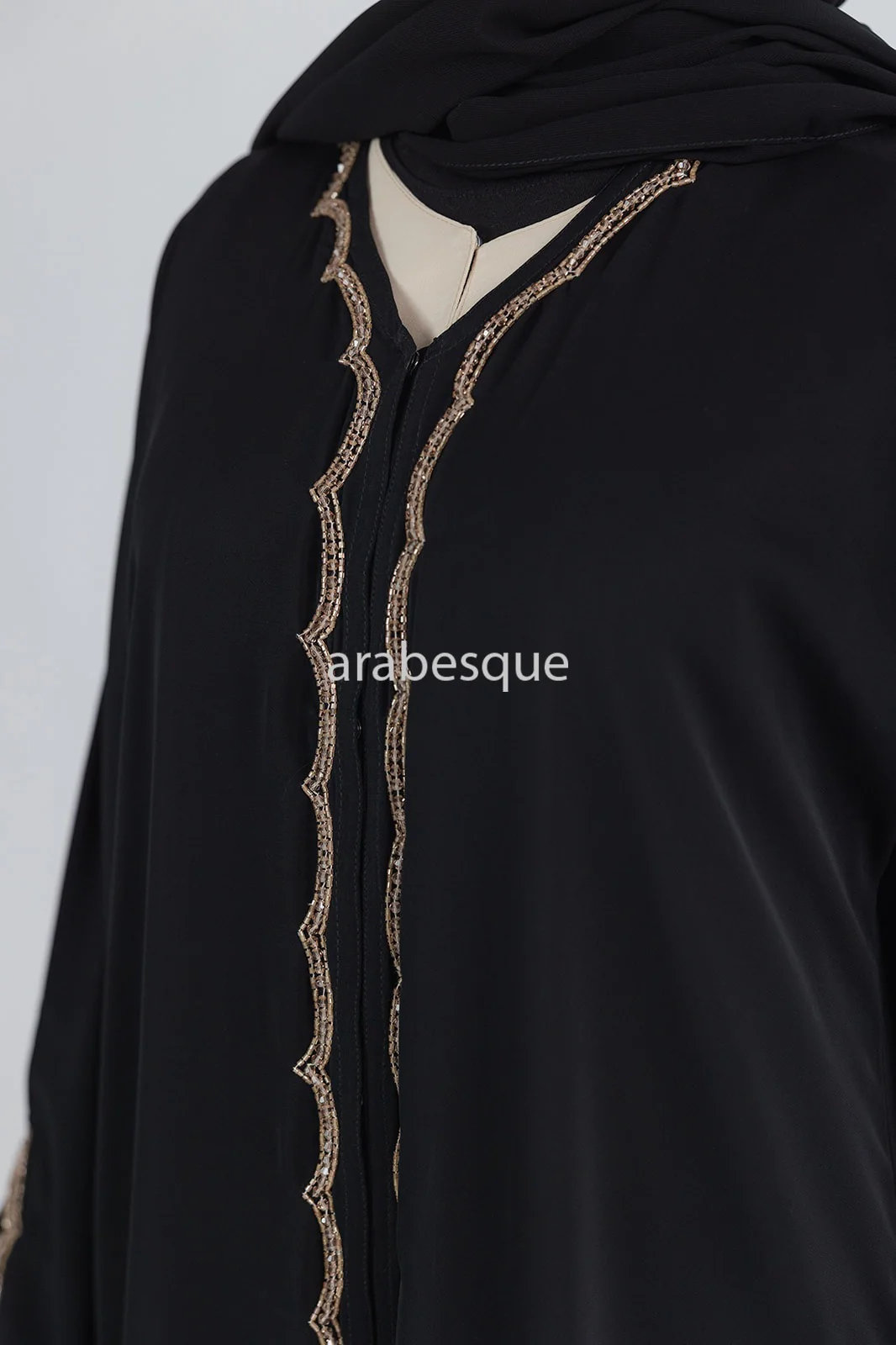 Black Open Abaya – Luxury Embellished Design with Golden Beads - Image 5