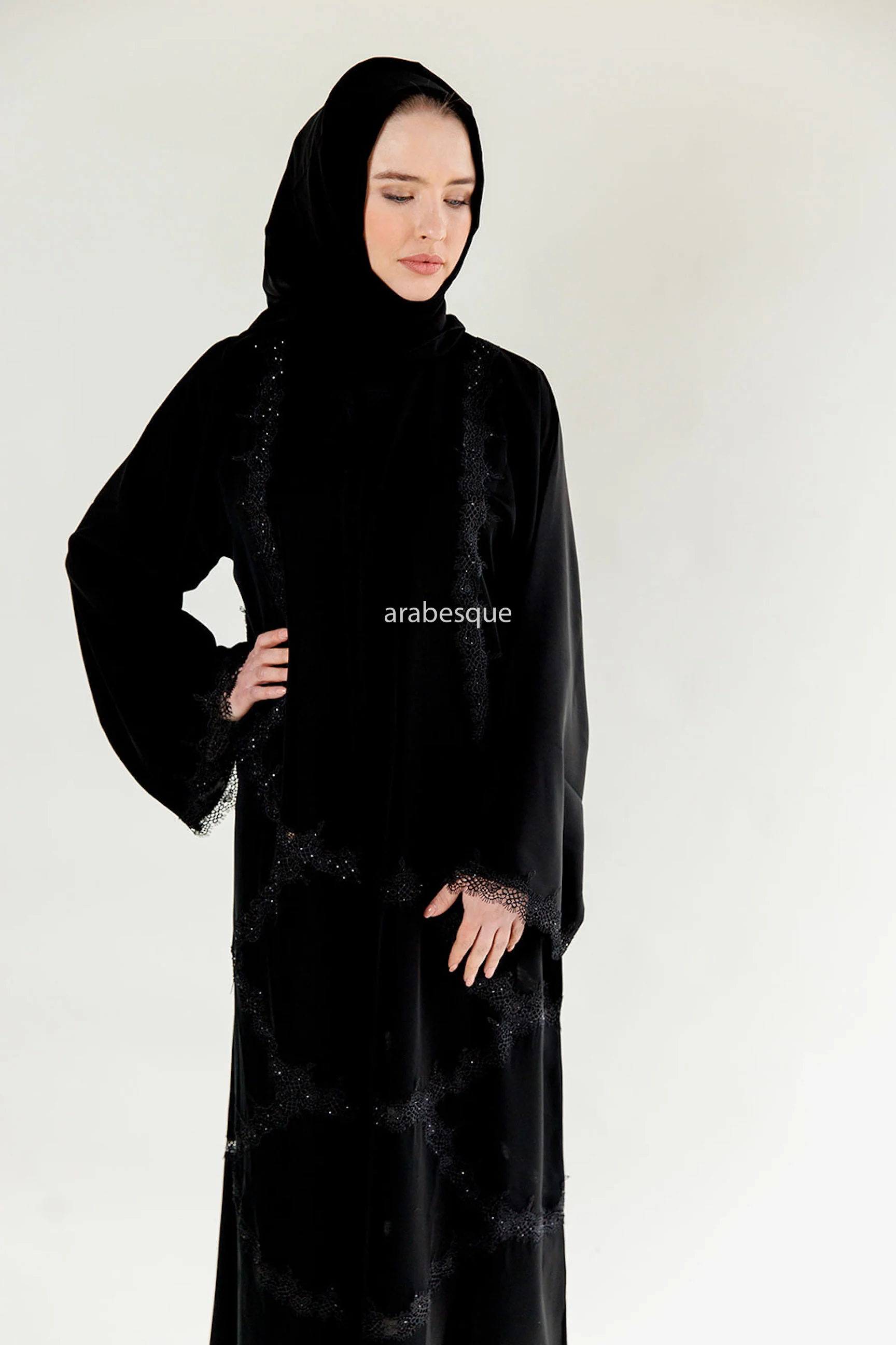Black Open Abaya – Luxury Lace Embellished Design - Image 4