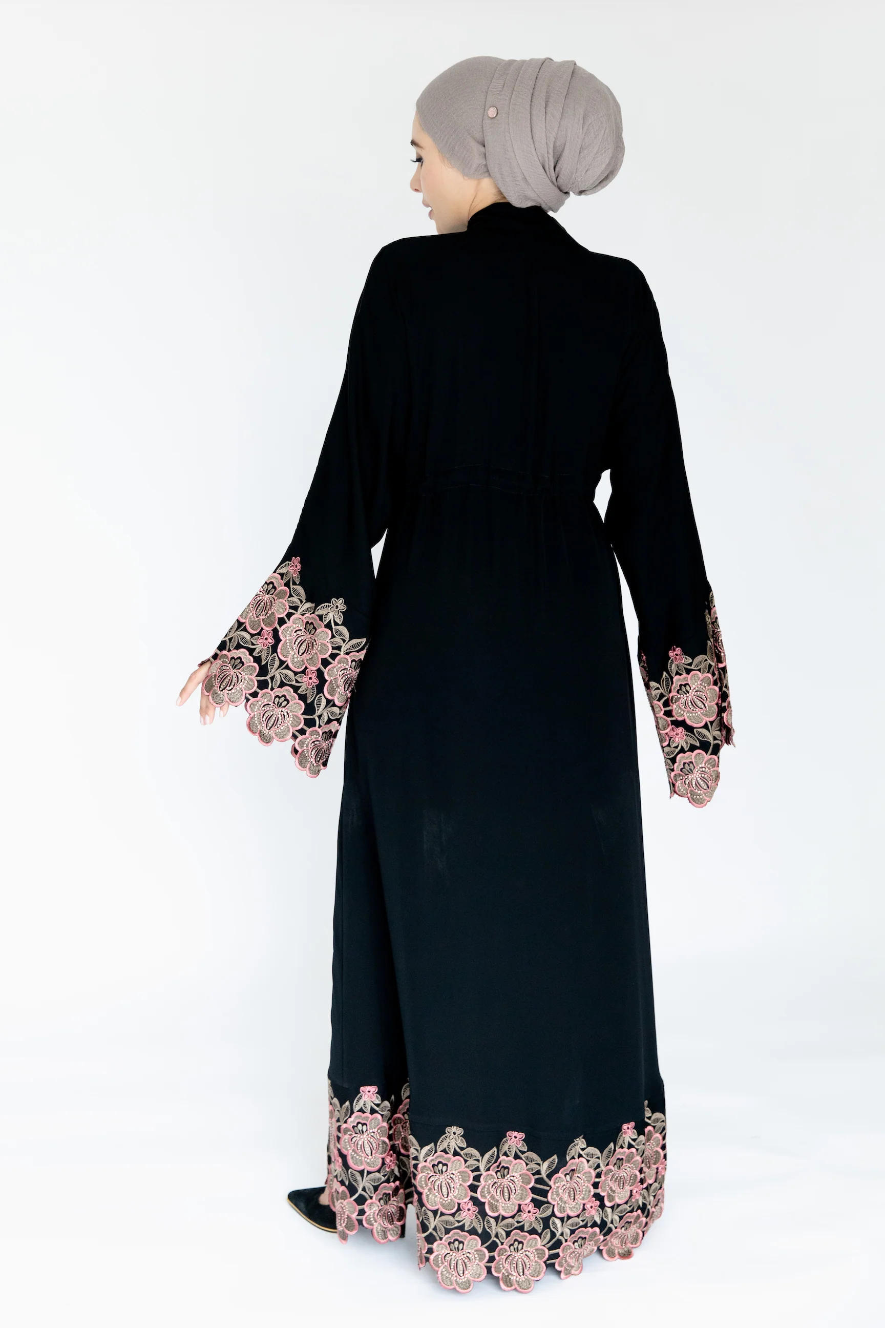 Black Open Abaya – Pink Floral Embroidered Sleeves and Hem with Drawstring Waist - Image 6