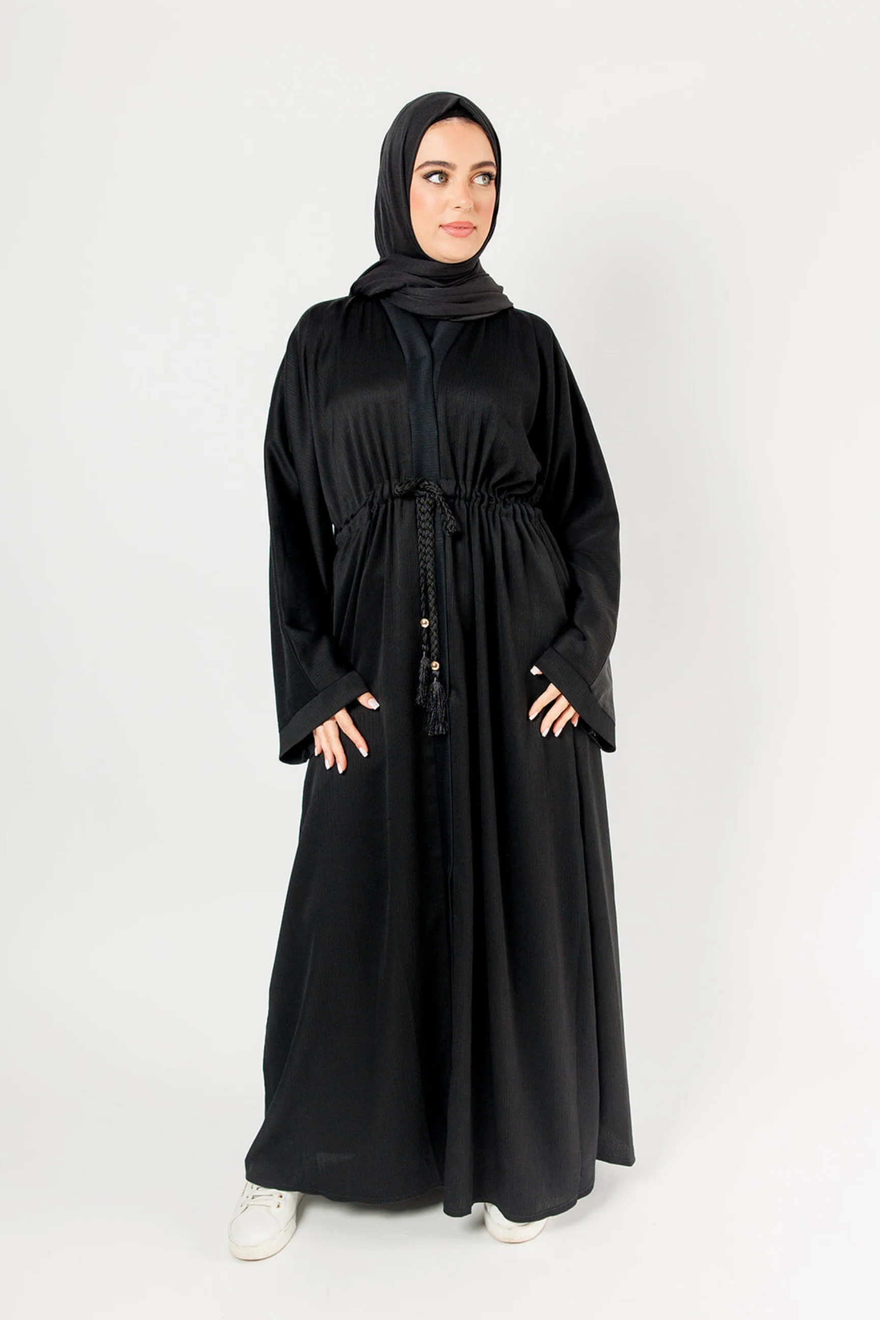 Black Open Abaya – Plain Design, Drawstring Waist with Textured Finish