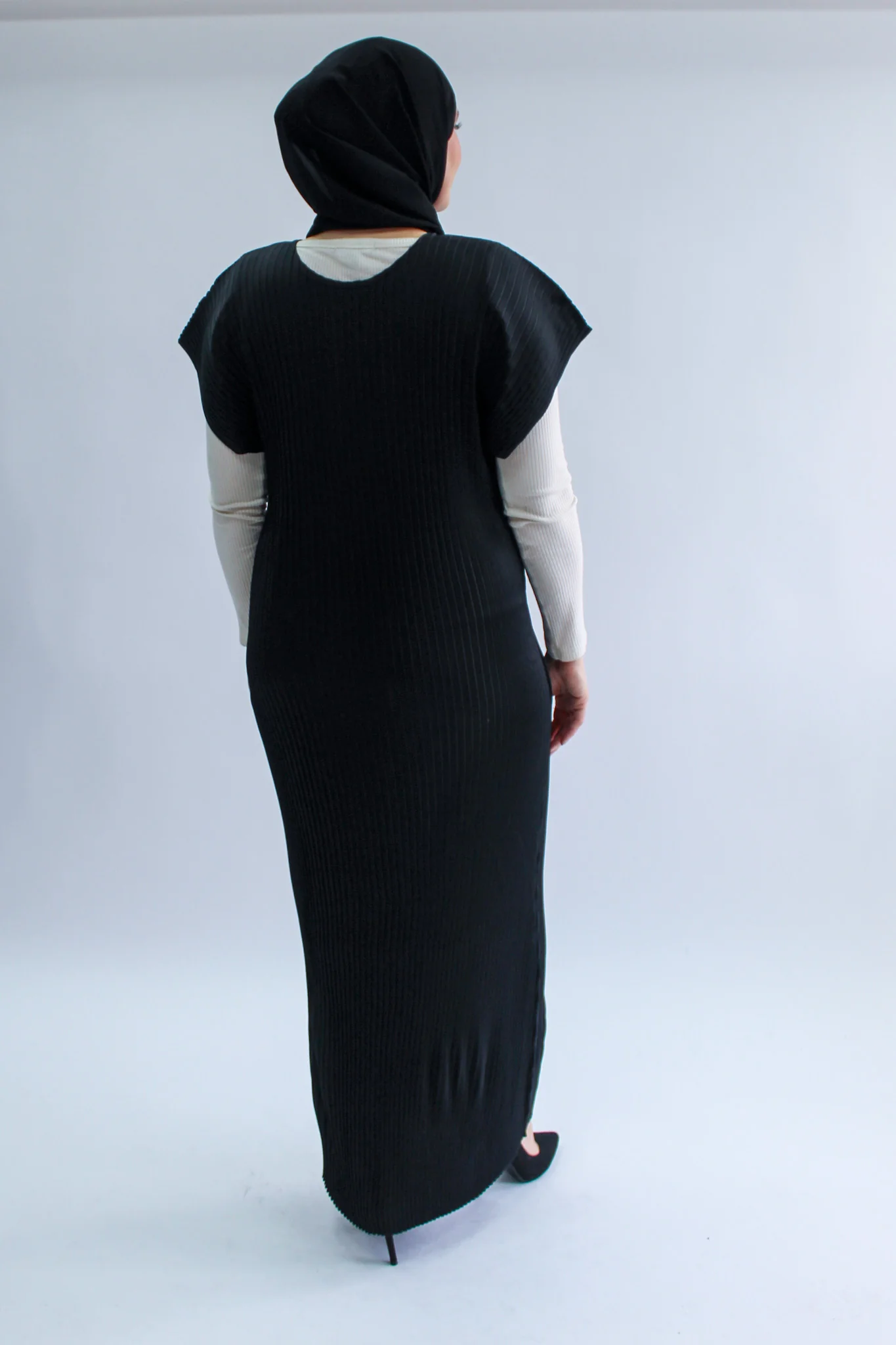 Black Pleated Short Sleeve Dress - Silky Ripple Satin - Image 4