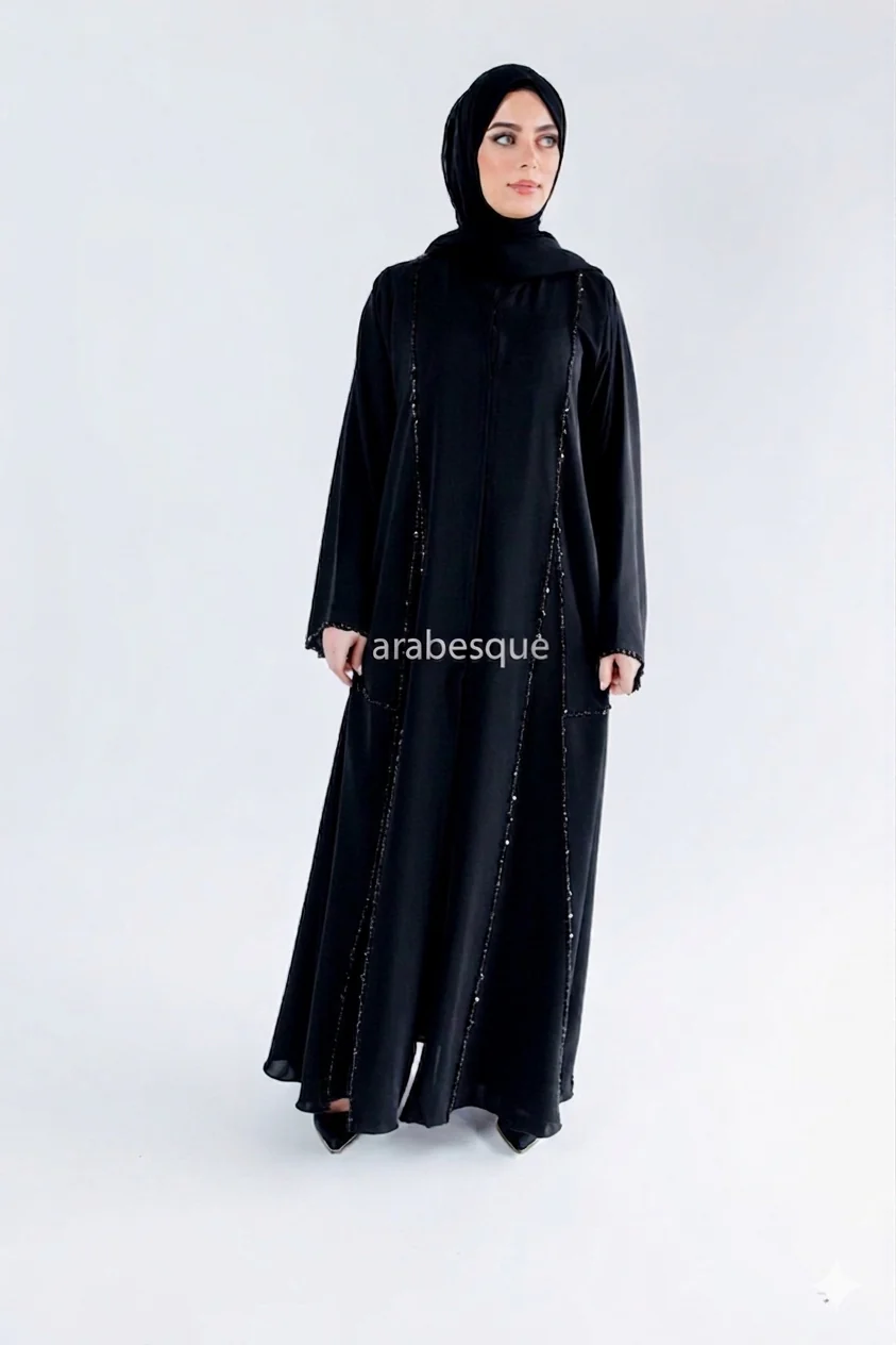 Black Rhinestone Embellished Open Abaya