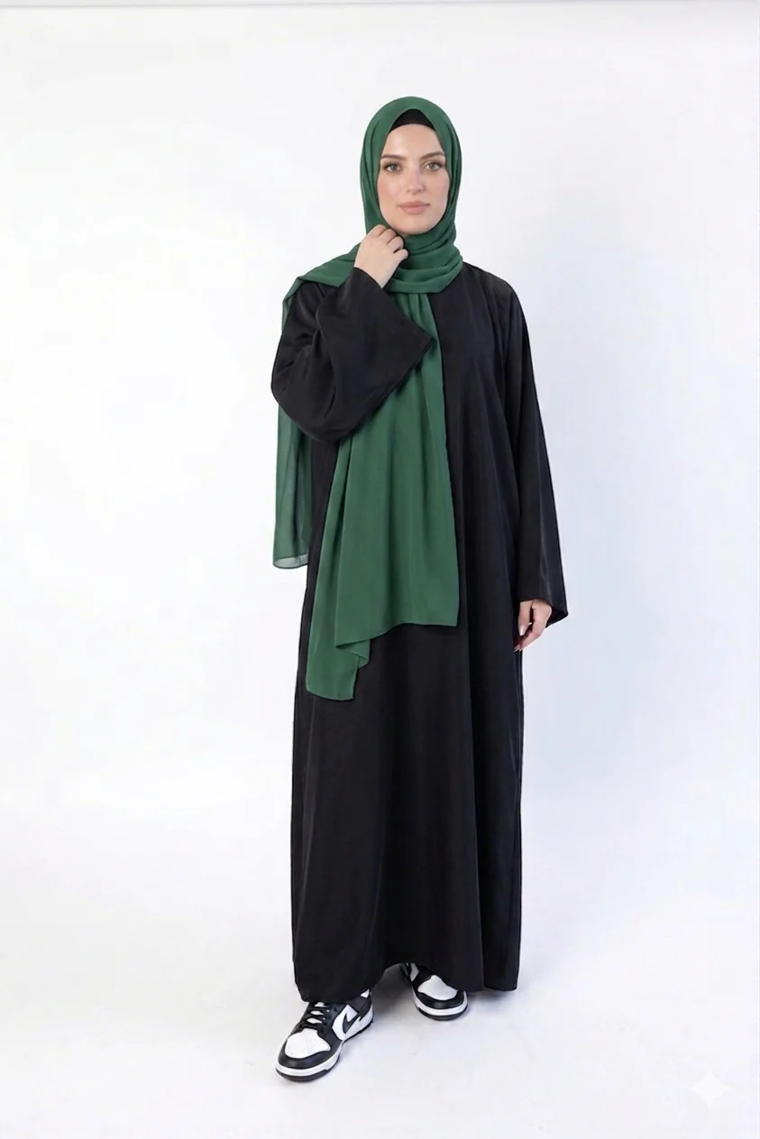 Black Closed Abaya – Ripple Satin Fabric with Pocket