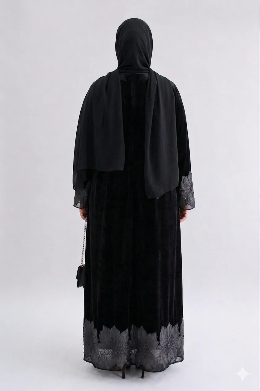 Black Velvet Open Abaya with Floral Embroidered Cuffs - Image 3