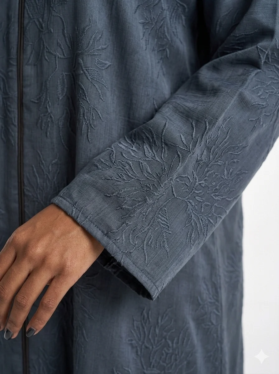 Blue Closed Abaya – Coral Patterned Embroidery - Image 2
