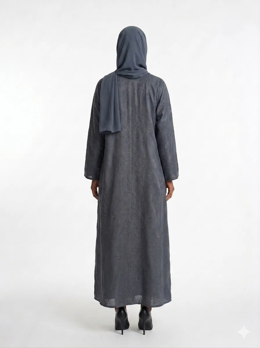 Blue Closed Abaya – Coral Patterned Embroidery - Image 3
