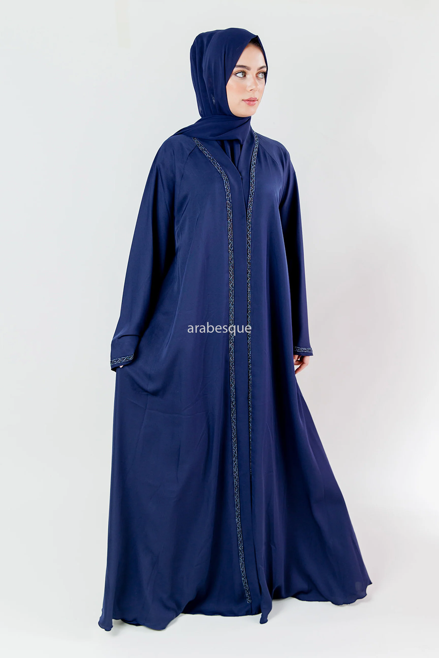 Blue Open Abaya – Embellished Umbrella Cut with Flared Sleeves