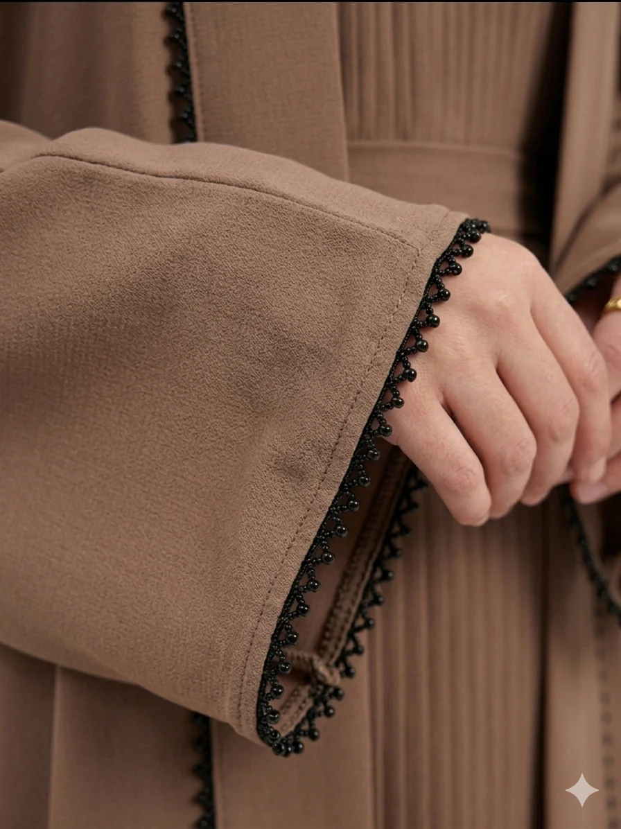 Brown Double Abaya – Plated Inner Slip With Beaded Border - Image 2