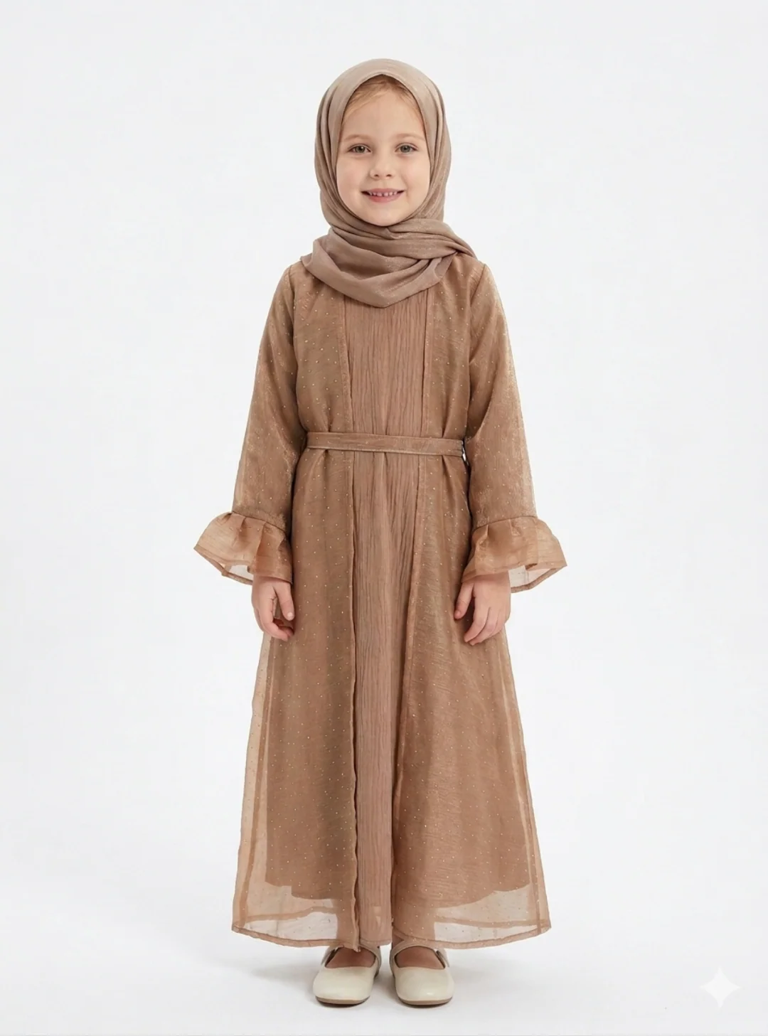 Brown Children Diamanté Organza Abaya – 4-Pieces