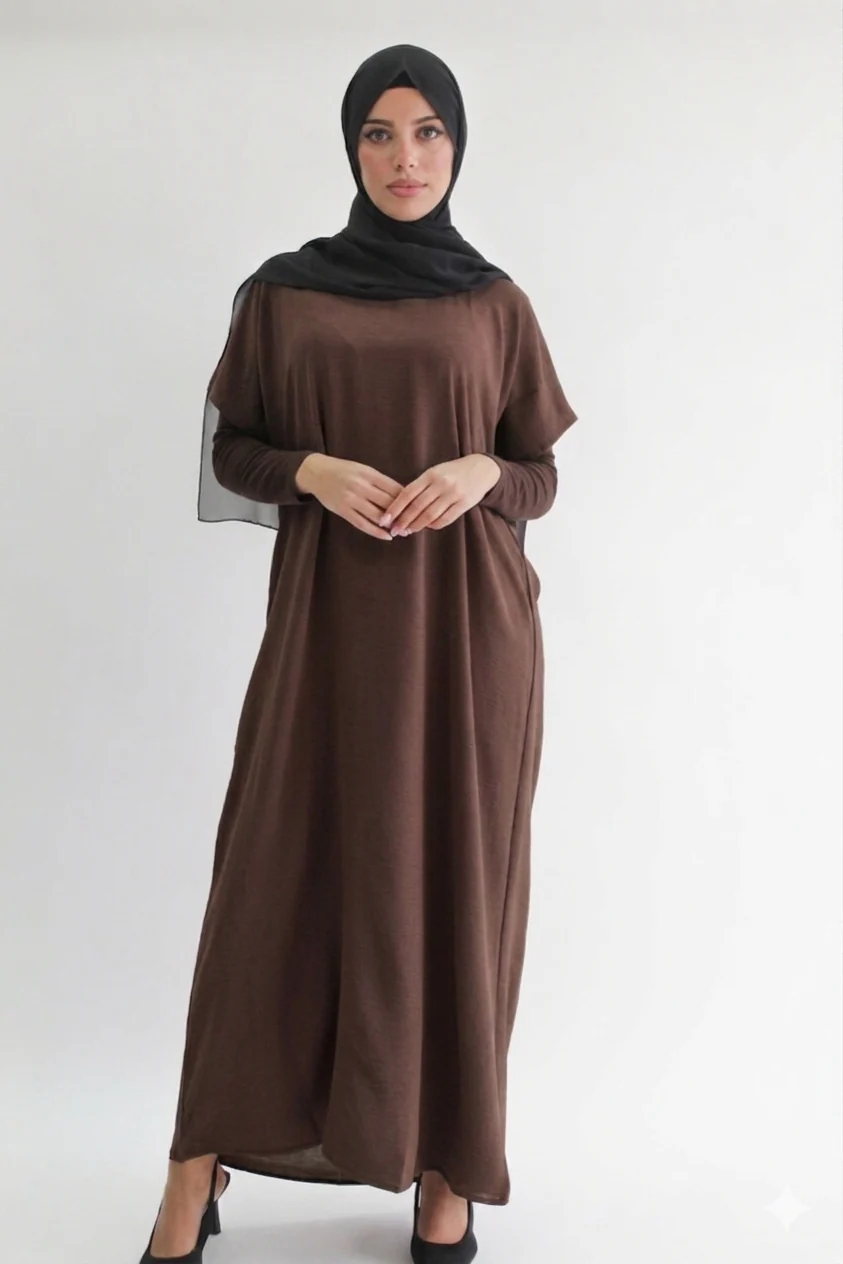 Chocolate Brown Crushed Polyester Short Sleeved Dress