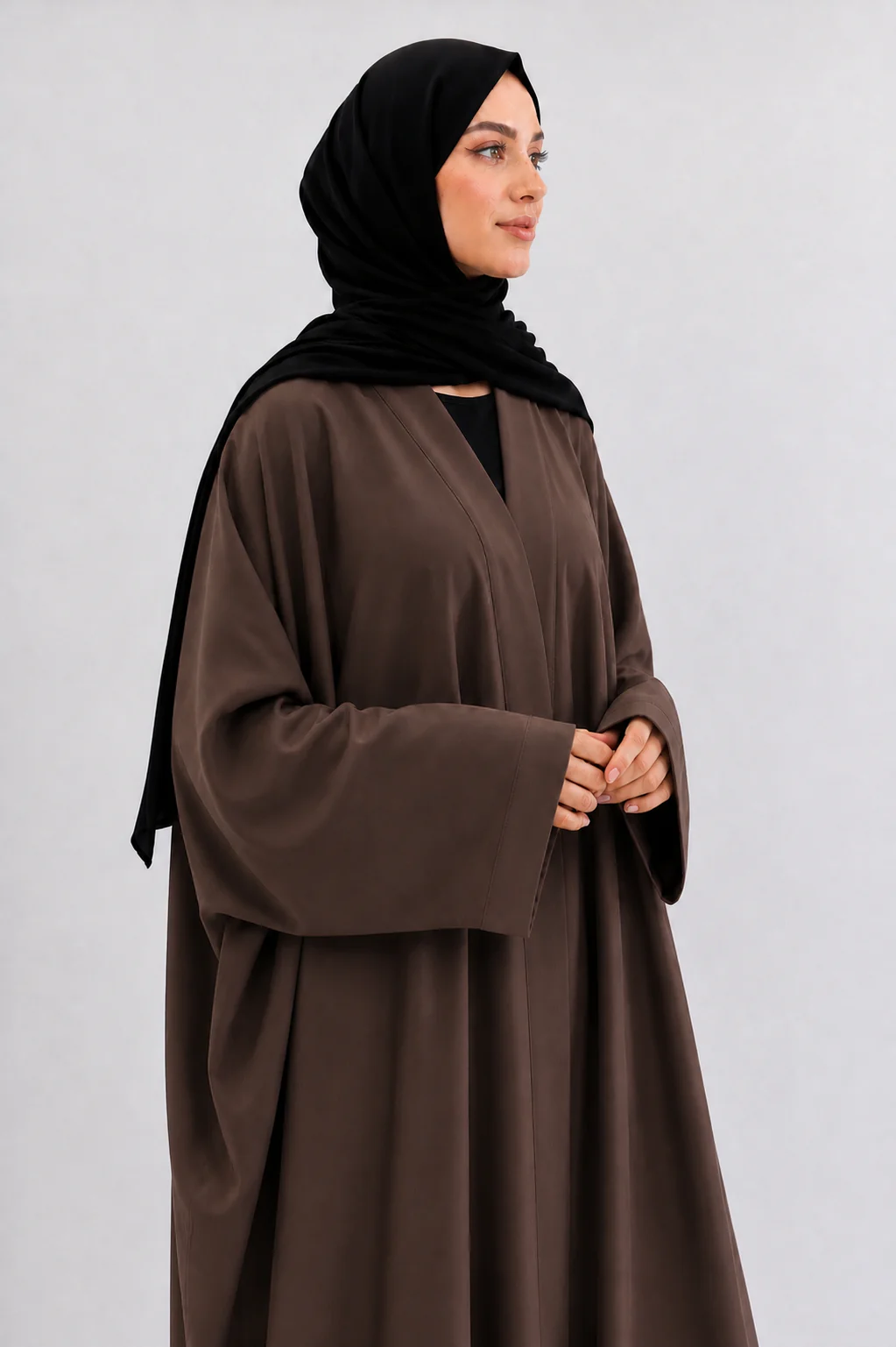 Chocolate Brown Open Abaya – Ripple Satin Farasha Design - Image 2
