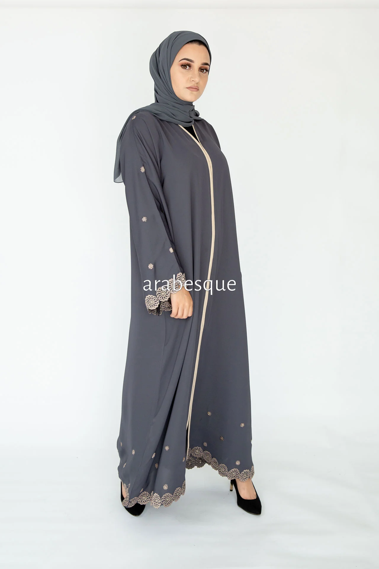 Grey Open Abaya - Premium Flower Border Embroidery