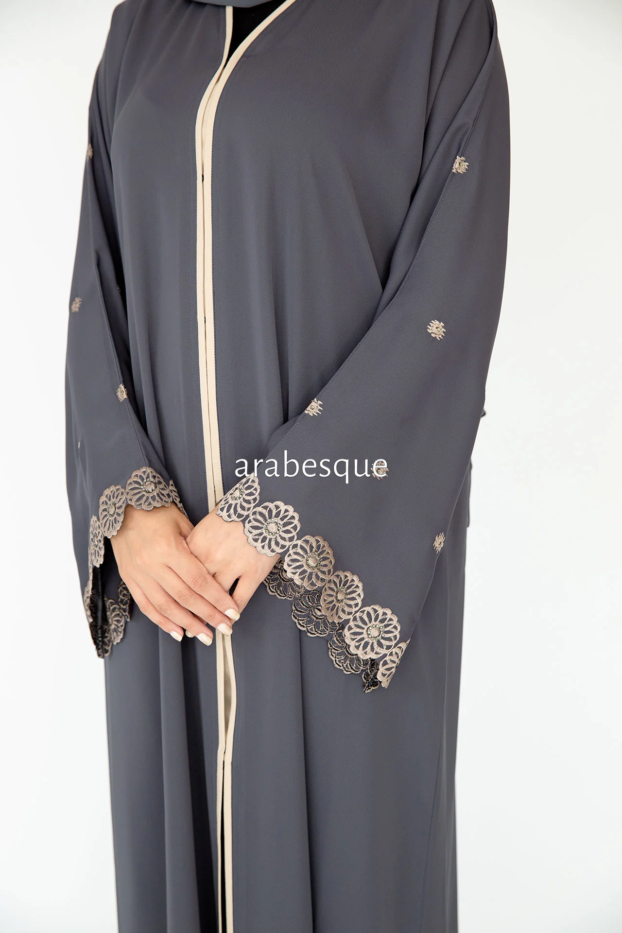 Grey Open Abaya - Premium Flower Border Embroidery - Image 2
