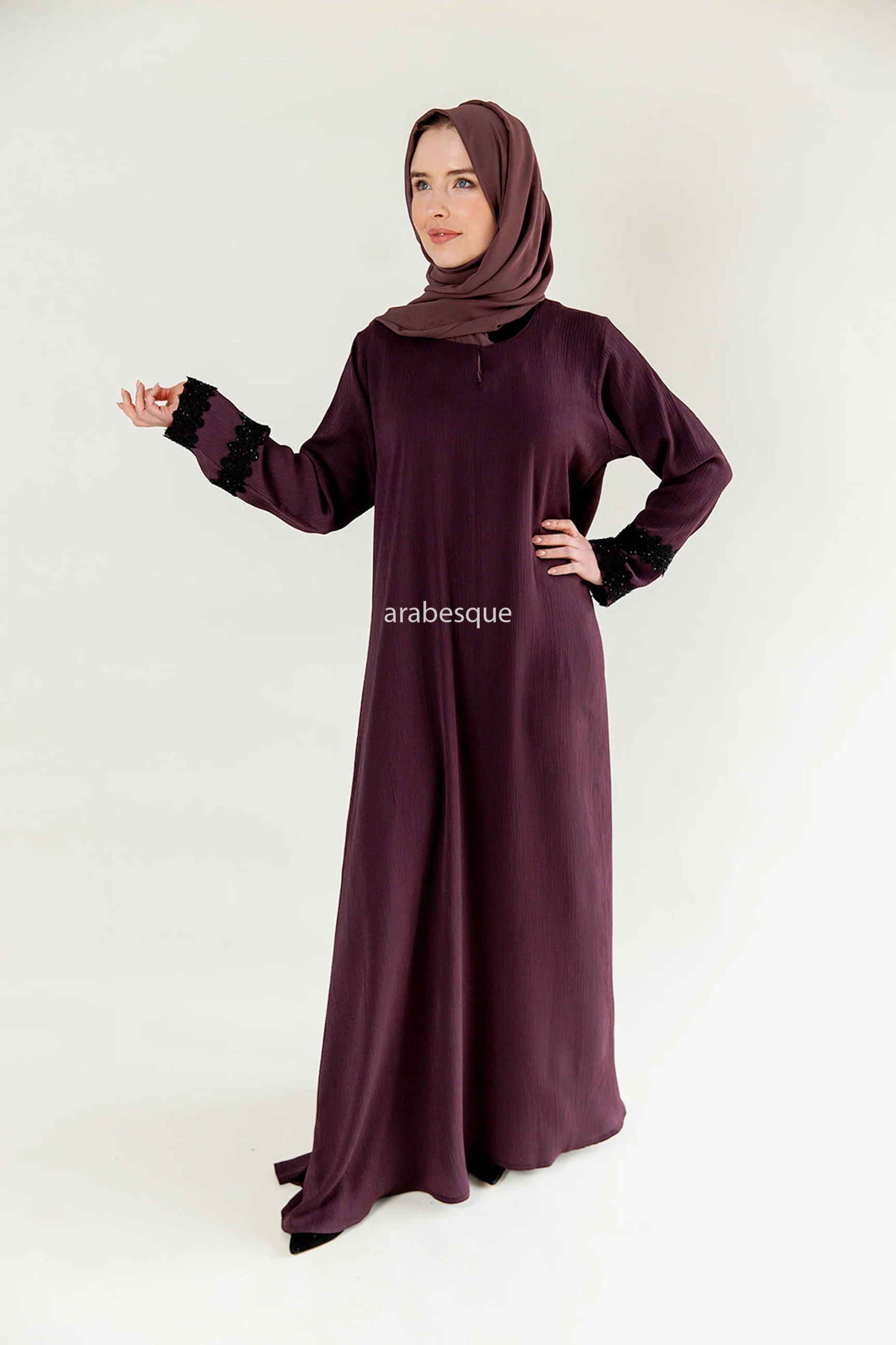 Dark Purple Closed Abaya – Textured Umbrella Cut Design with Lace Detail
