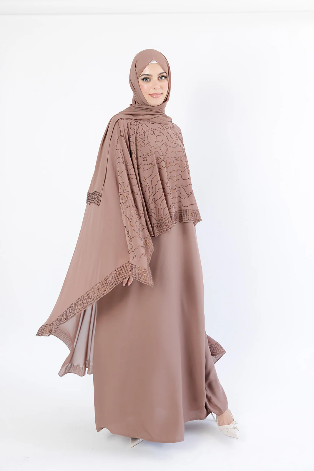 Dark Taupe Closed Abaya - Chiffon Cape Design with Abstract Pattern & Diamante Embellishment - Image 4