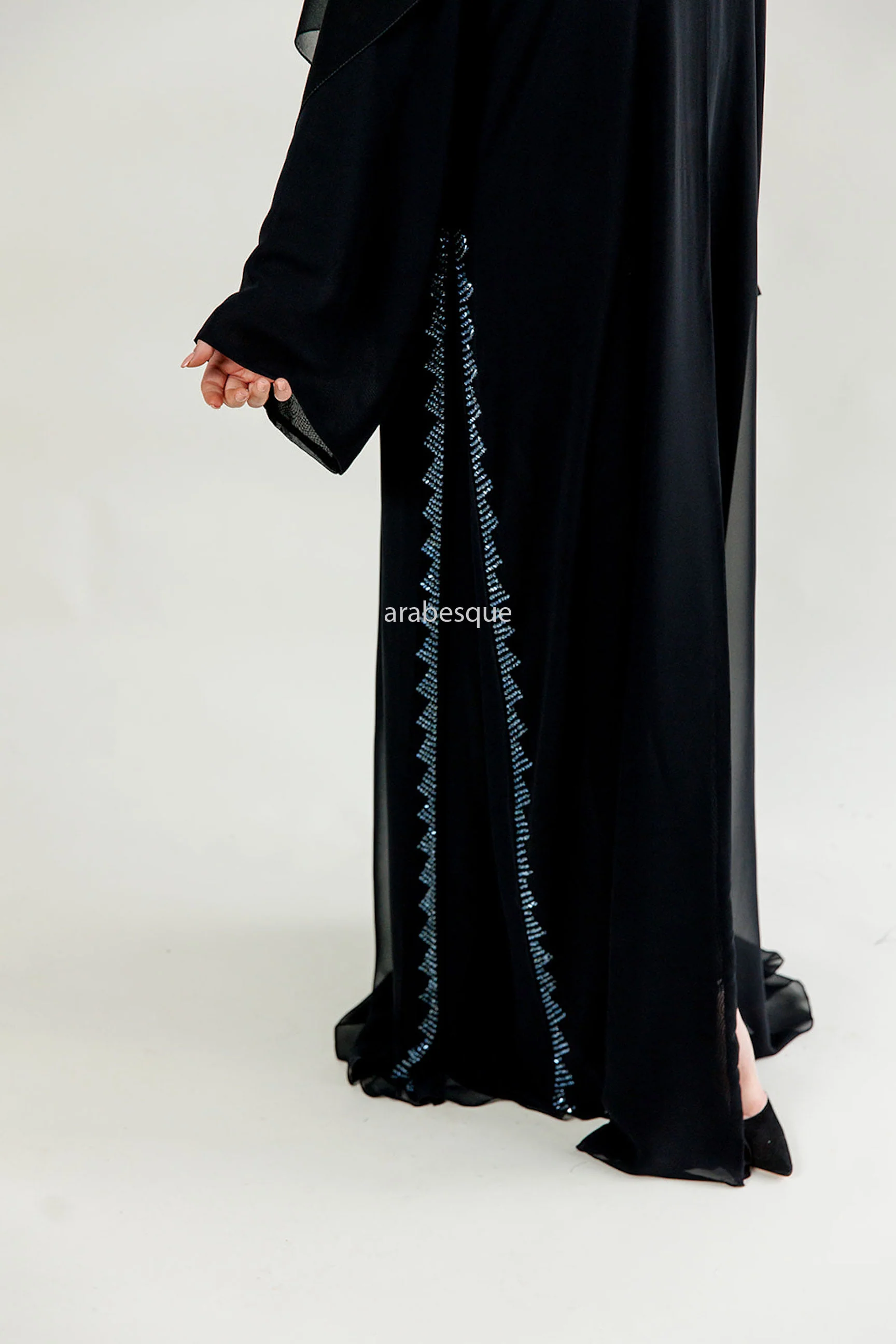 Black Open Abaya - Chiffon with Blue Stitched Glass Beads - Image 2