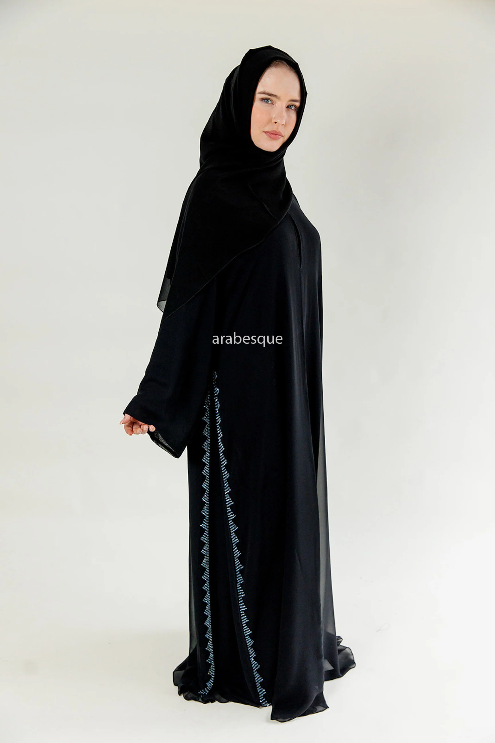 Black Open Abaya - Chiffon with Blue Stitched Glass Beads - Image 3