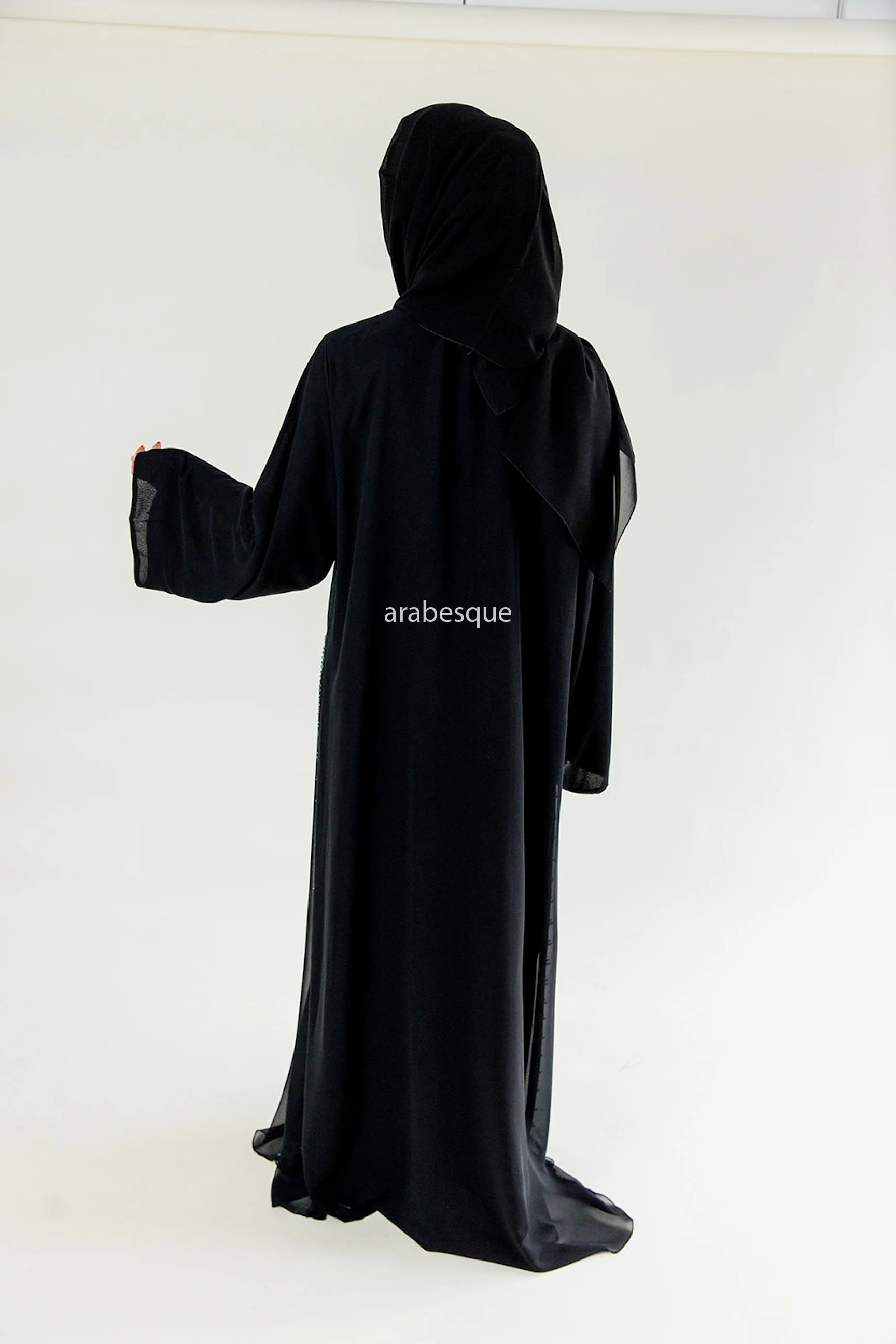 Black Open Abaya - Chiffon with Blue Stitched Glass Beads - Image 4