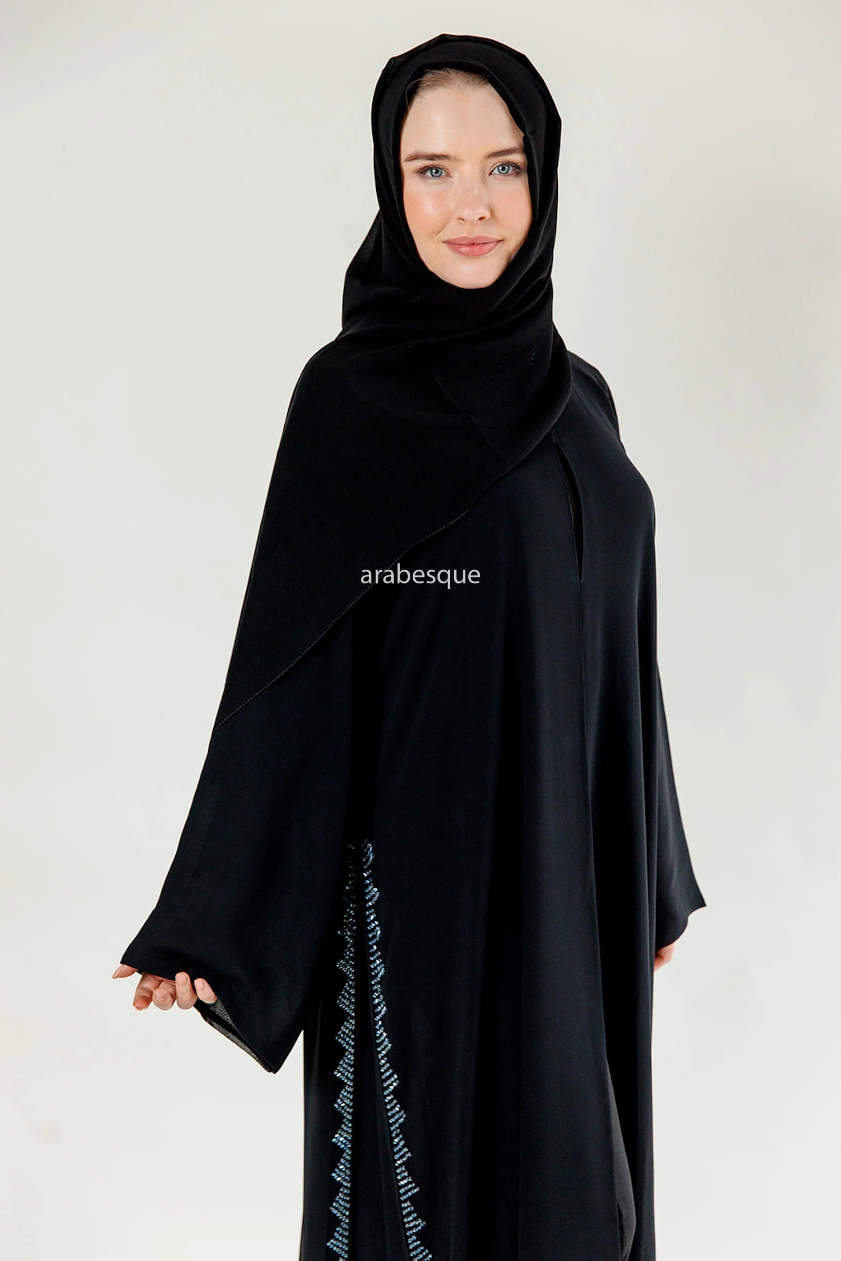 Black Open Abaya - Chiffon with Blue Stitched Glass Beads - Image 7
