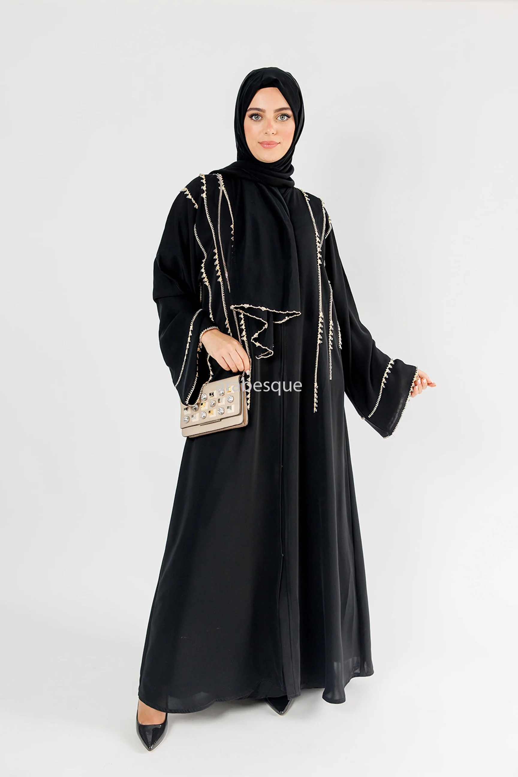Black Open Abaya – Gold Luxury Threaded Beaded Trim Design - Image 3