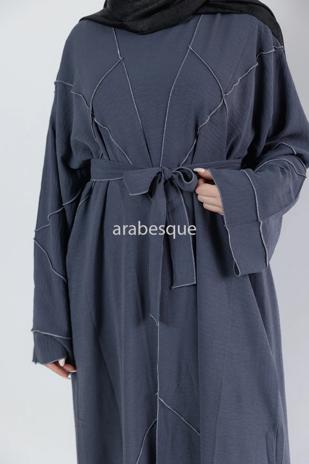 Grey Open Abaya Set – 4-Piece Crushed Polyester Design - Image 3