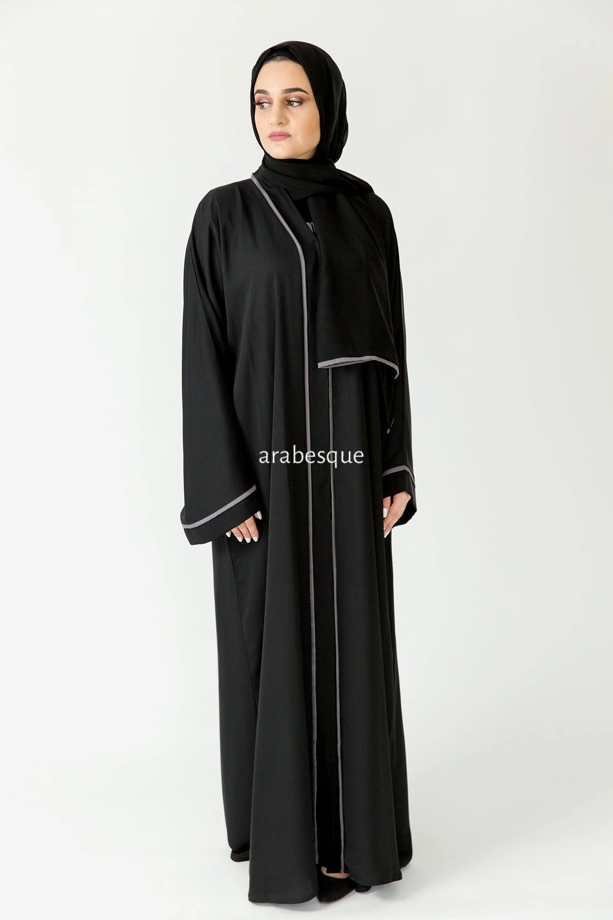 Premium Black Open Abaya - Grey Line Border Design with Pocket and Matching Scarf - Image 3