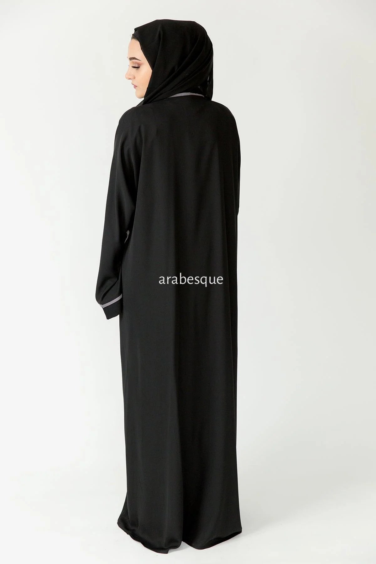 Premium Black Open Abaya - Grey Line Border Design with Pocket and Matching Scarf - Image 4