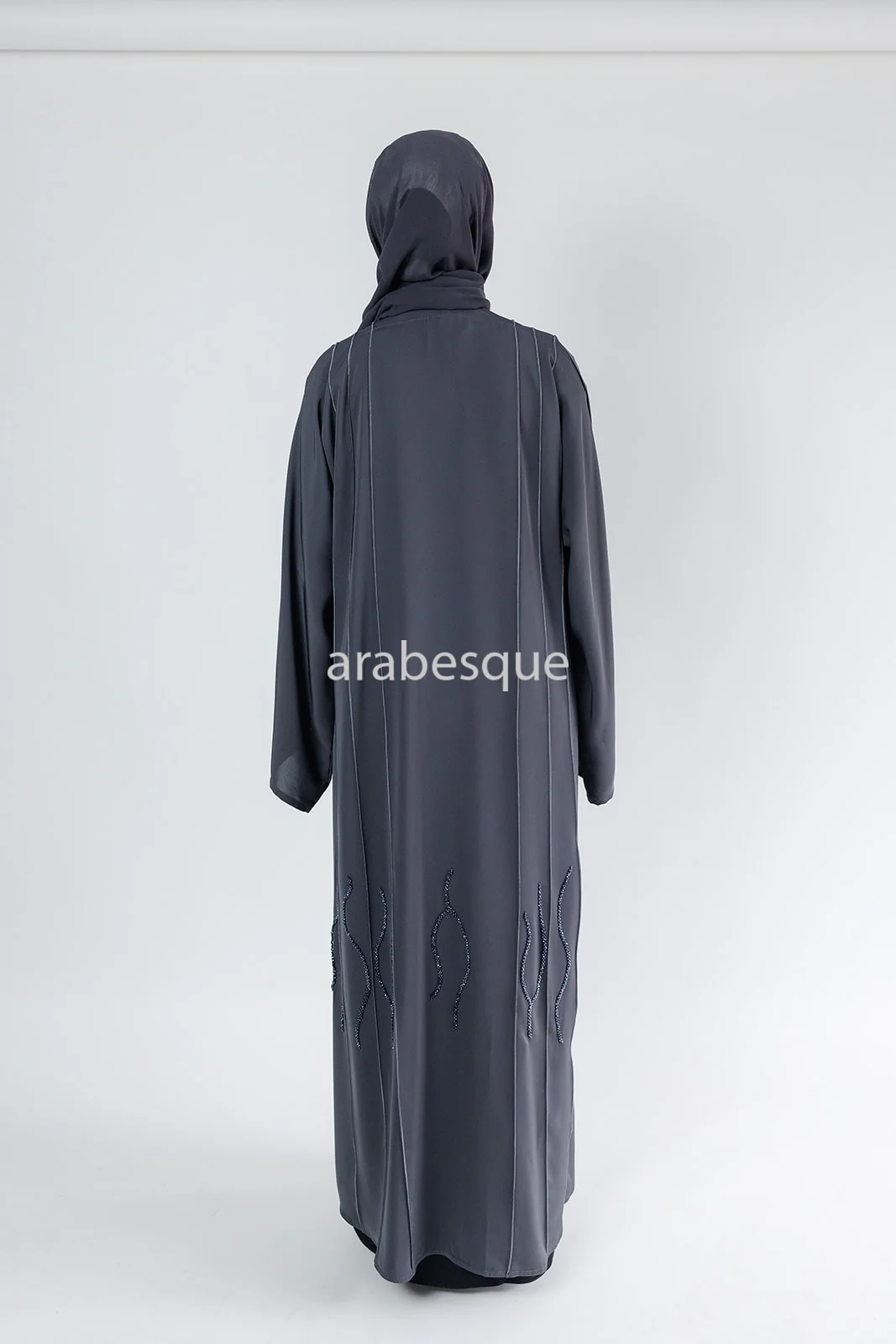 Grey Open Abaya – Luxury Threaded Beadwork Detailing - Image 4