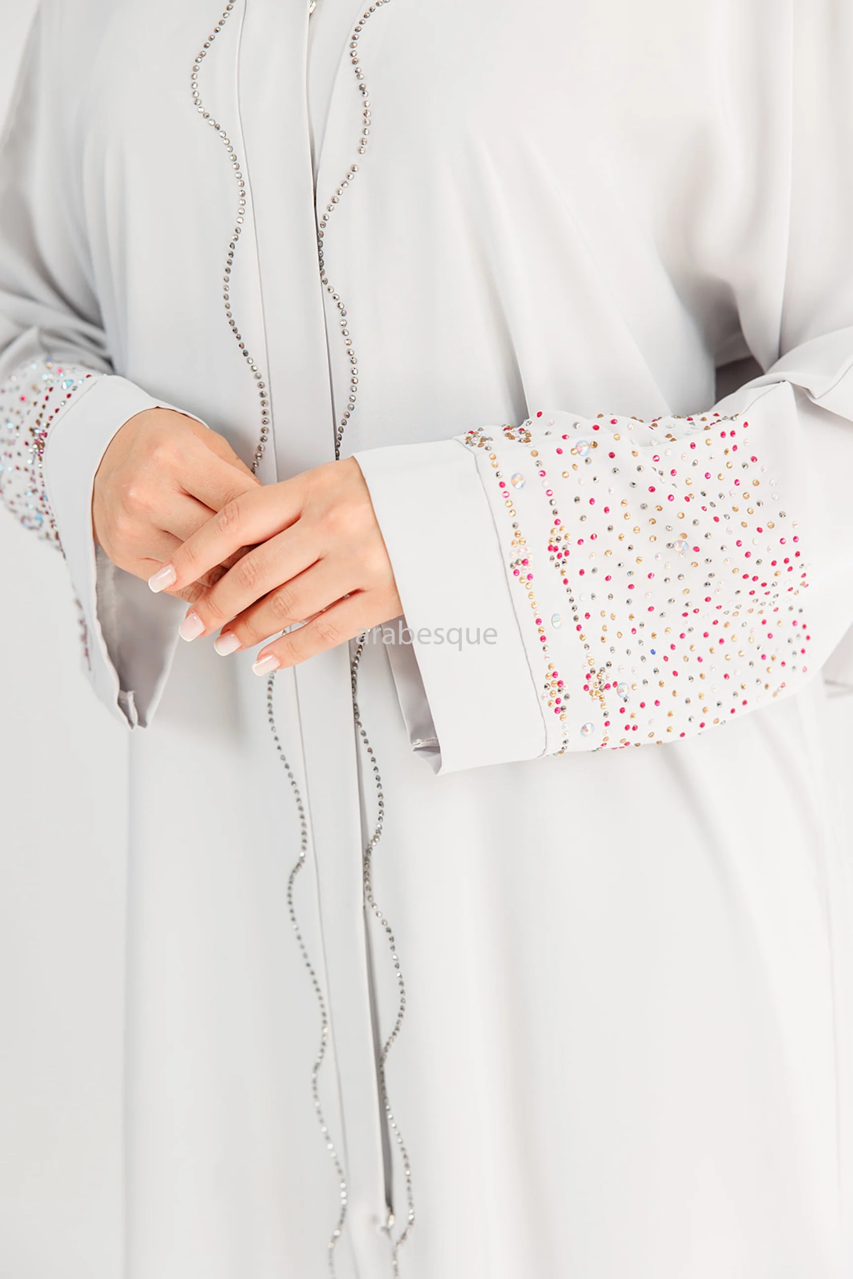 Grey Open Abaya – Luxury Nidha Fabric with Multicolour Crystal Detailing - Image 5