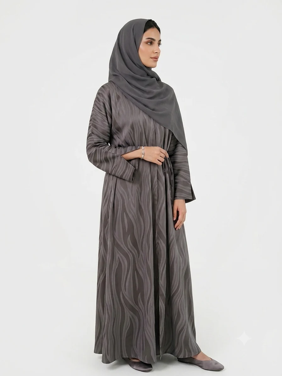 Grey Open Abaya – Wave Jacquard Pattern